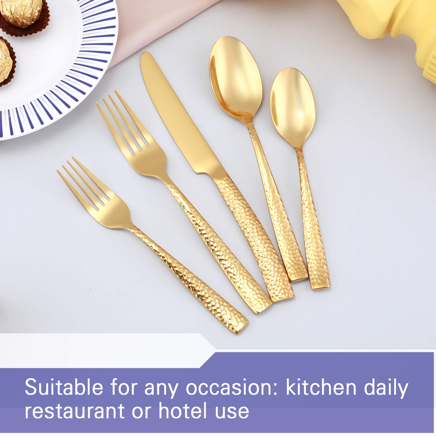 Kelenfer Gold Flatware Silverware Set 20 Piece Stainless Steel Forged Hammered Cutlery Set Service For 4