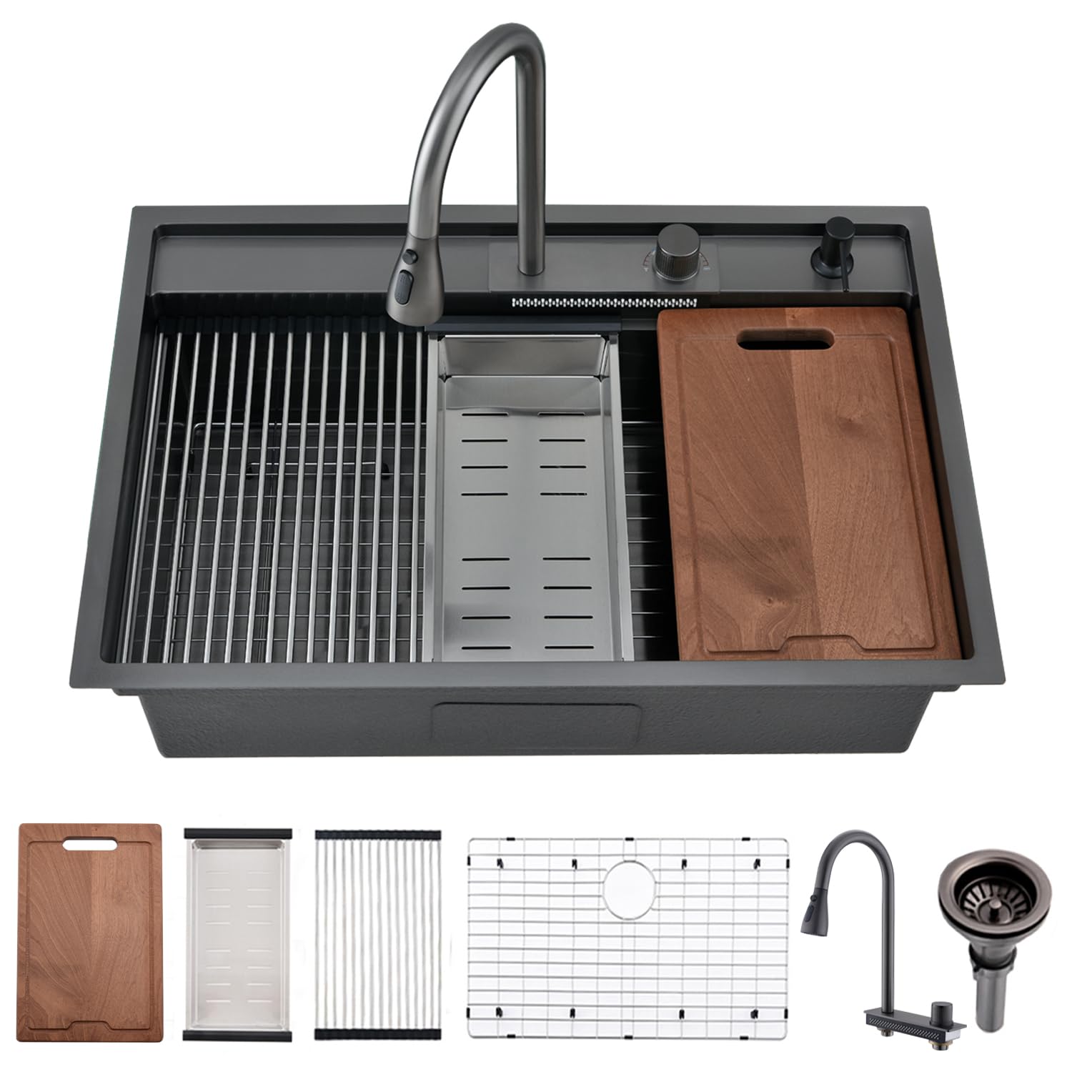 33 Inch Drop In Kitchen Sink Splash Guard Waterfall Workstation Black - Vokim 33X22-Inch Single Bowl Sink 16 Gauge Black Stainle