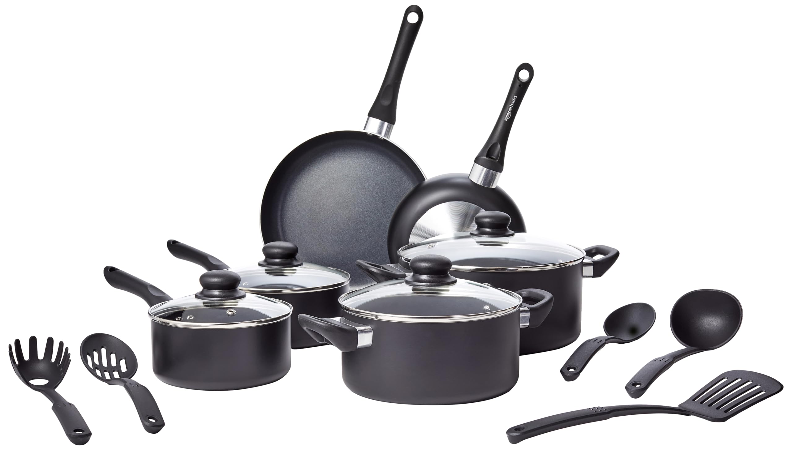 Amazon Basics Aluminum Non-Stick 15 Piece Cookware Set | 2-Way 3 Layer Non-Stick Coating | Pfoa Free | High Temperature Resistan
