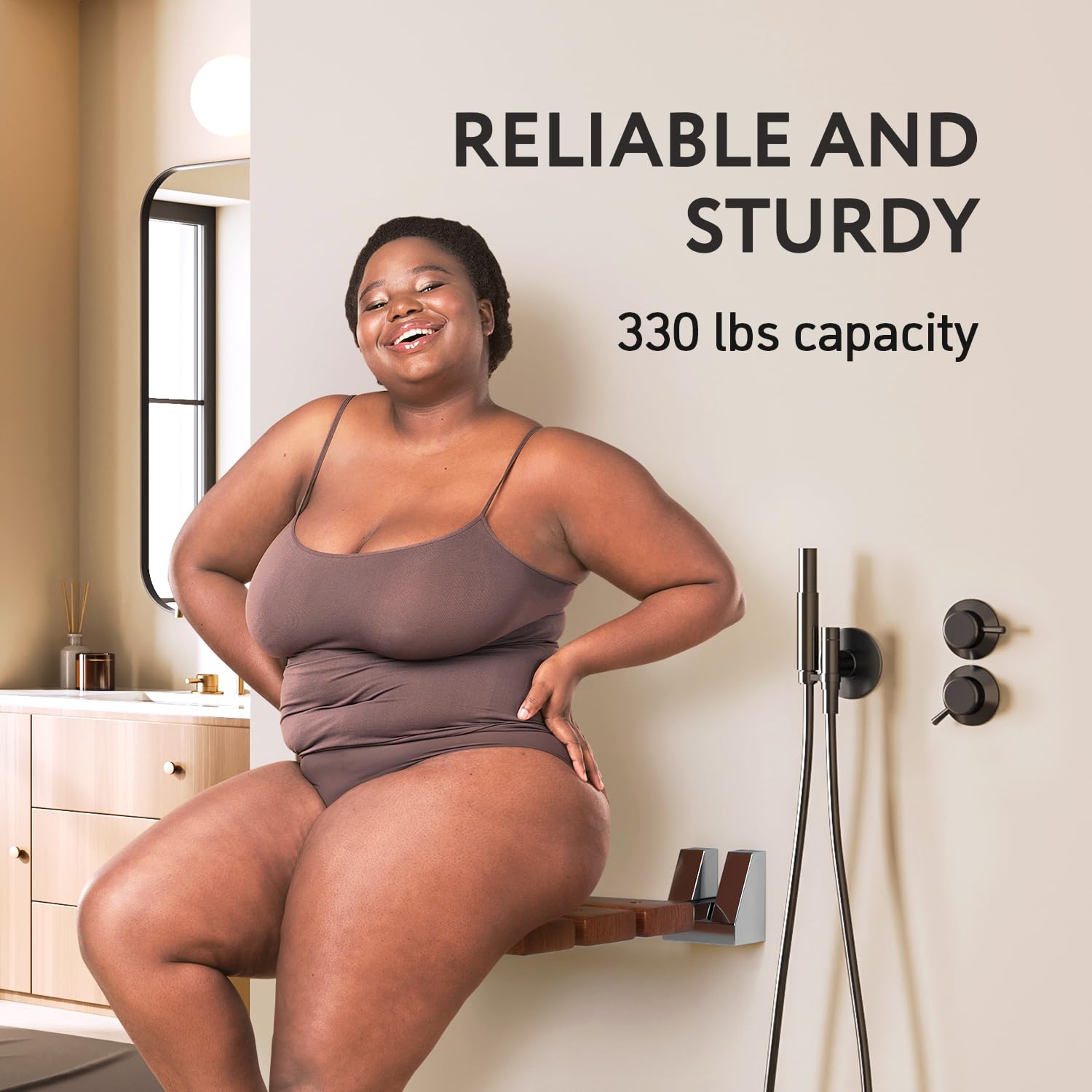 Folding Shower Seat - Teak Shower Seat Wall Mounted - 16 Inch Floating Fold Down In Shower Bench - Fold Up Bathroom Stool - Fold