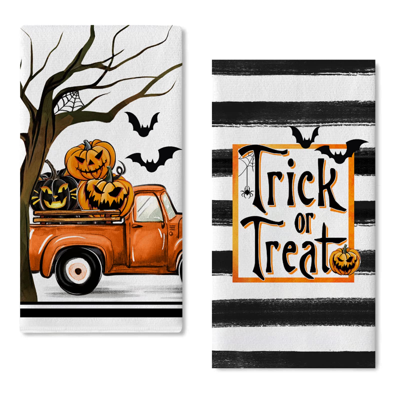 Seliem Halloween Trick Or Treat Kitchen Dish Towels Set Of 2, Jack O Lantern Pumpkin Truck Hand Towels Stripes Drying Baking Coo