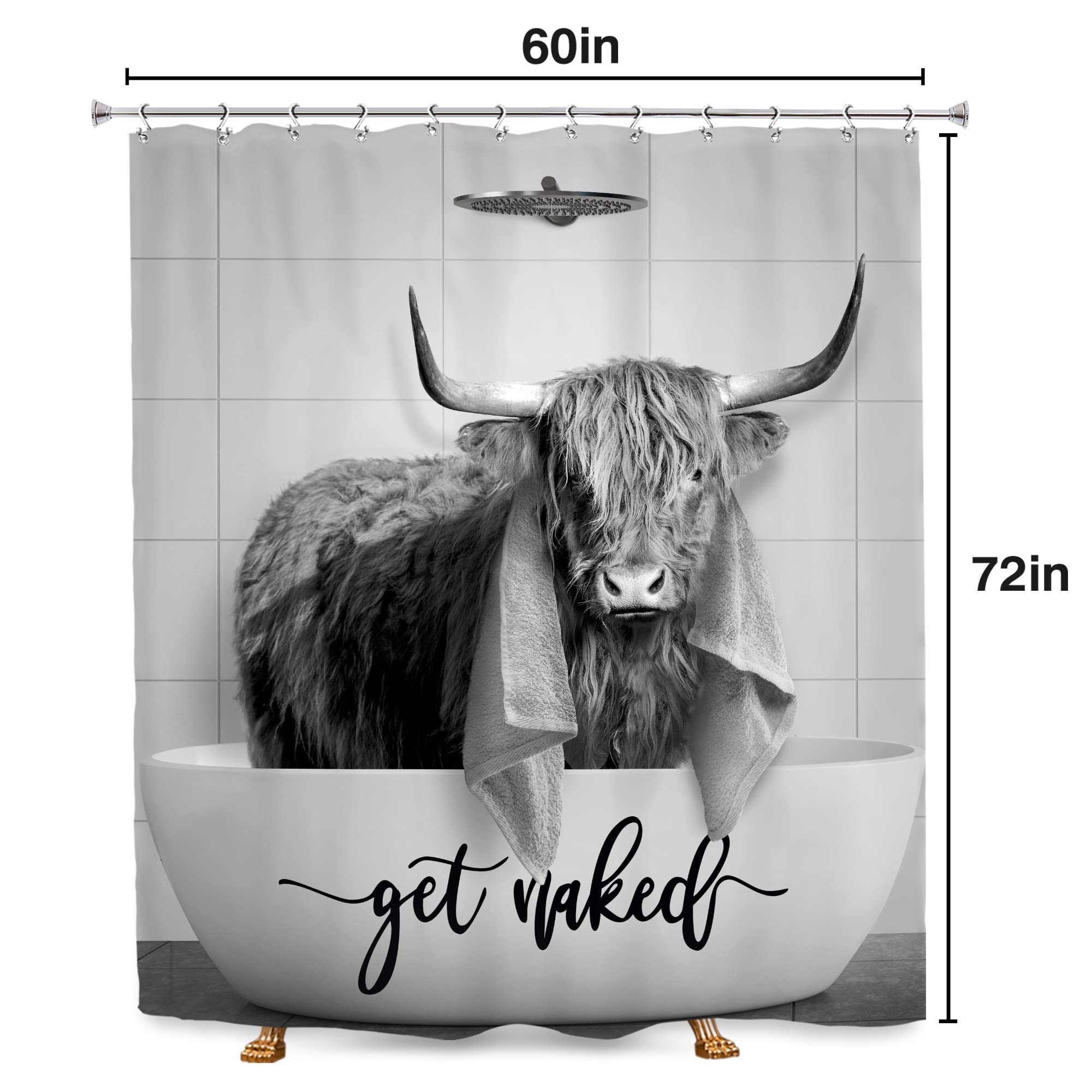 Svbright Highland Cow Shower Curtain 60Wx72L Inch Rustic Gray Bull Cattle Vintage Rustic Farmhouse Animal Wildlife Western Farm