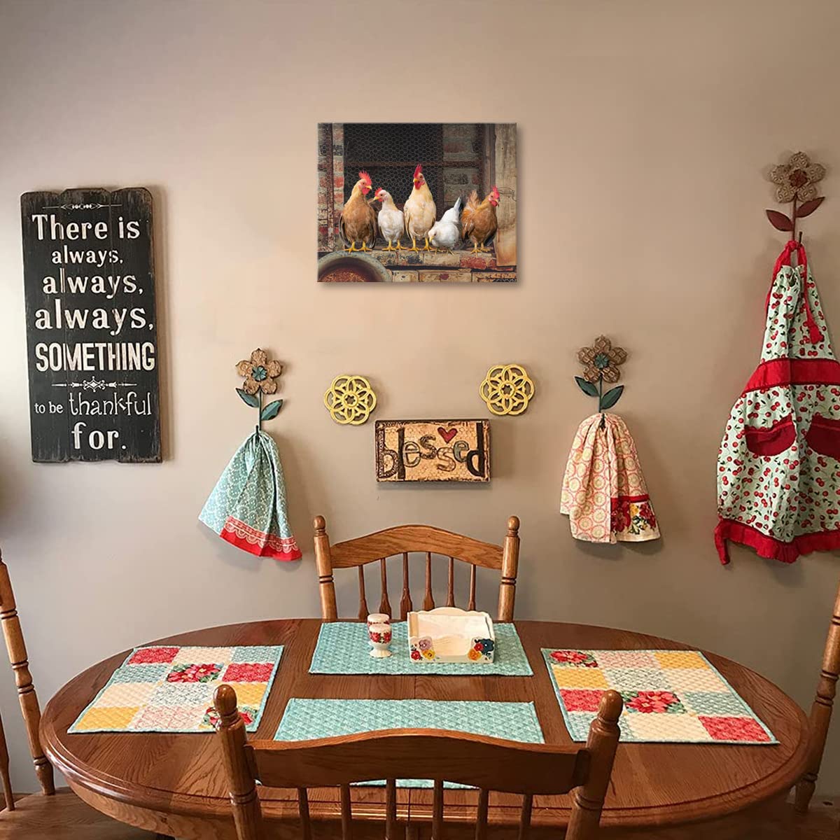 Woxfcart Kitchen Wall Art Chicken Decor - Farm Animal Rooster Pictures On Canvas Prints For Rustic Farmhouse Dining Room Walls D