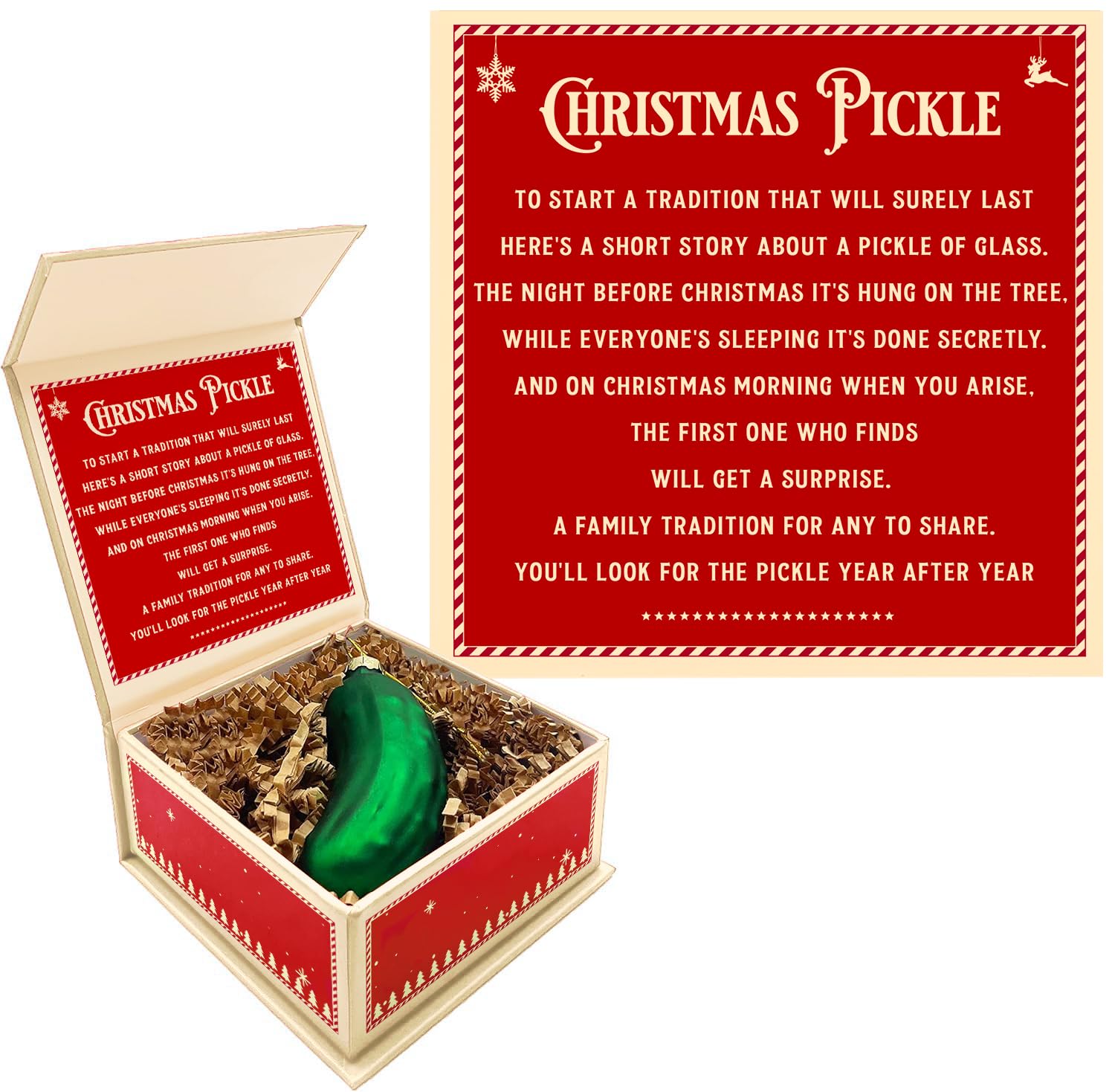 German Pickle Ornaments for Christmas Tree, Christmas Pickle Ornament with Story - German Gifts Decorations, Green Glass Ornamen
