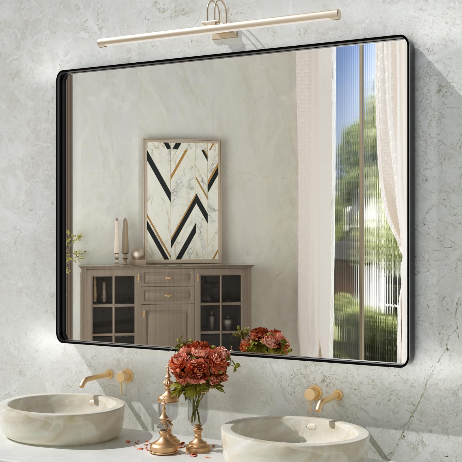 Istripmf Black Bathroom Mirror,48X36 Inch Large Matte Black Bathroom Vanity Mirror,Rectangle Black Metal Framed Mirror For Wall,