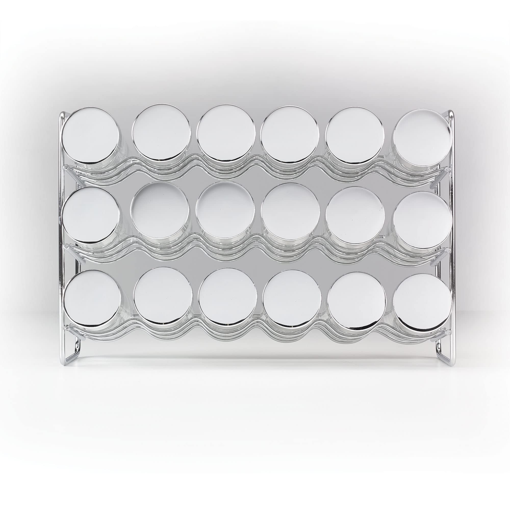 Polder Chrome 18-Jar Compact Spice Rack, 18-5 Ounce Glass Jar Has Perforated Shaker Caps, Chrome Plated Lids, Sleek Enough For C