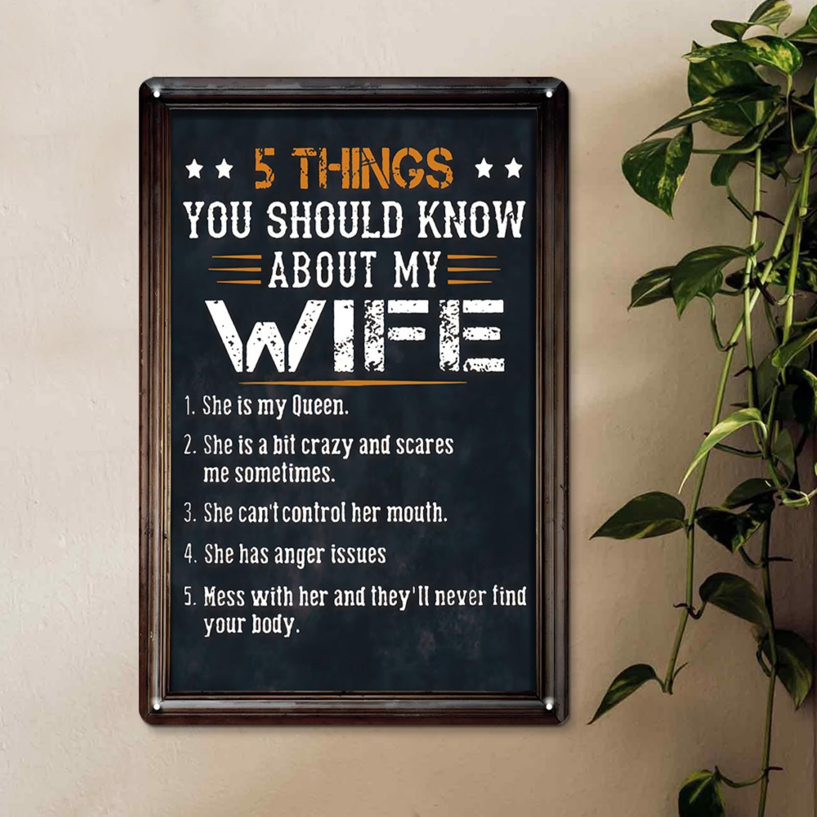 Vantage Metal Poster Wife Wall Sign - '5 Things You Should Know About My Wife' - Humorous Metal Decor 7.8 x 11.8 Inch, Gift for