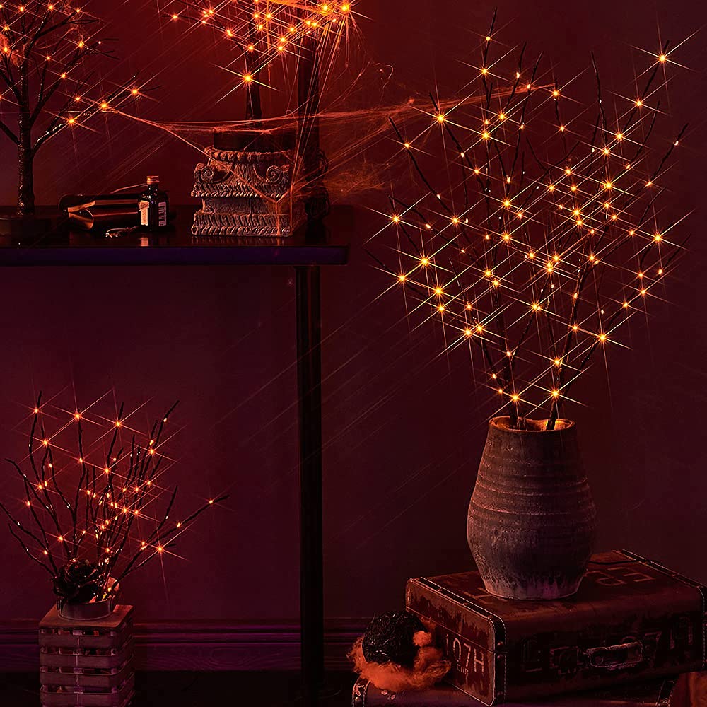 LITBLOOM Halloween Tree Branch Lights 32IN 100 Orange LED with Timer, Lighted Black Twig Branches with Fairy Lights for Hallowee
