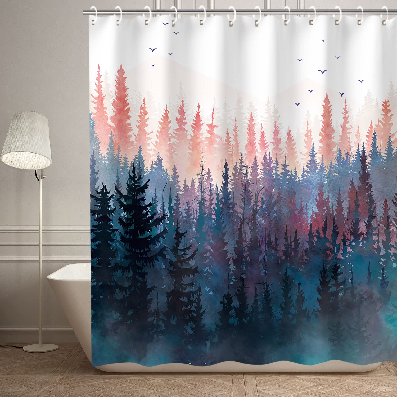 Rosielily Forest Shower Curtain, Pine Trees Shower Curtain, Mountain Nature Pink Shower Curtains Set, Rustic Foggy Art Bathroom