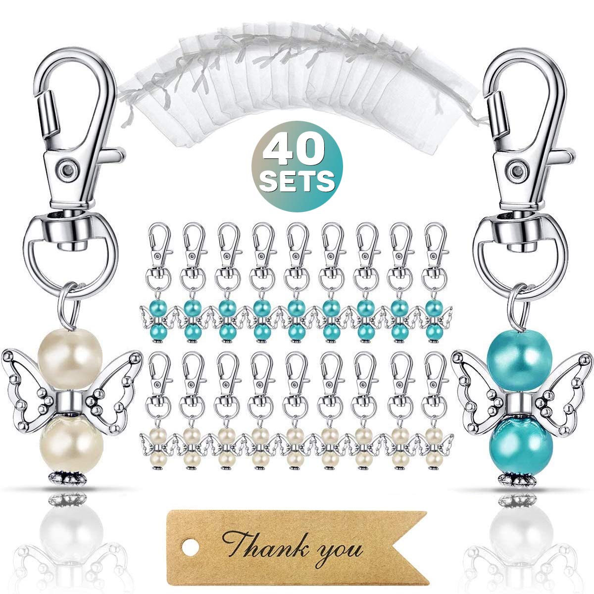 Movinpe 40Pcs Angel Favor Keychains Plus Organza Bags Plus Thank You Kraft Tags, Guest Return Favors For Baby Shower, Bridal Sho