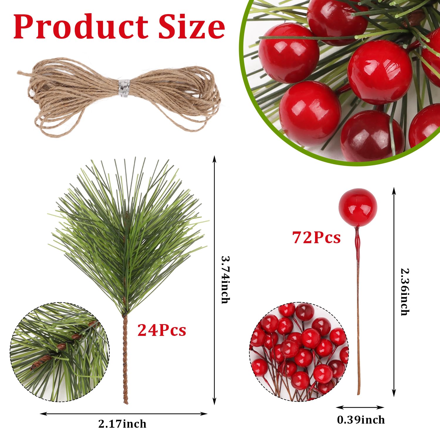 CCINEE 96Pcs Artificial Green Pine Needles Branches Red Berry Picks for Crafts, Greenery Stems Mini Holly Berries Pine Picks Twi