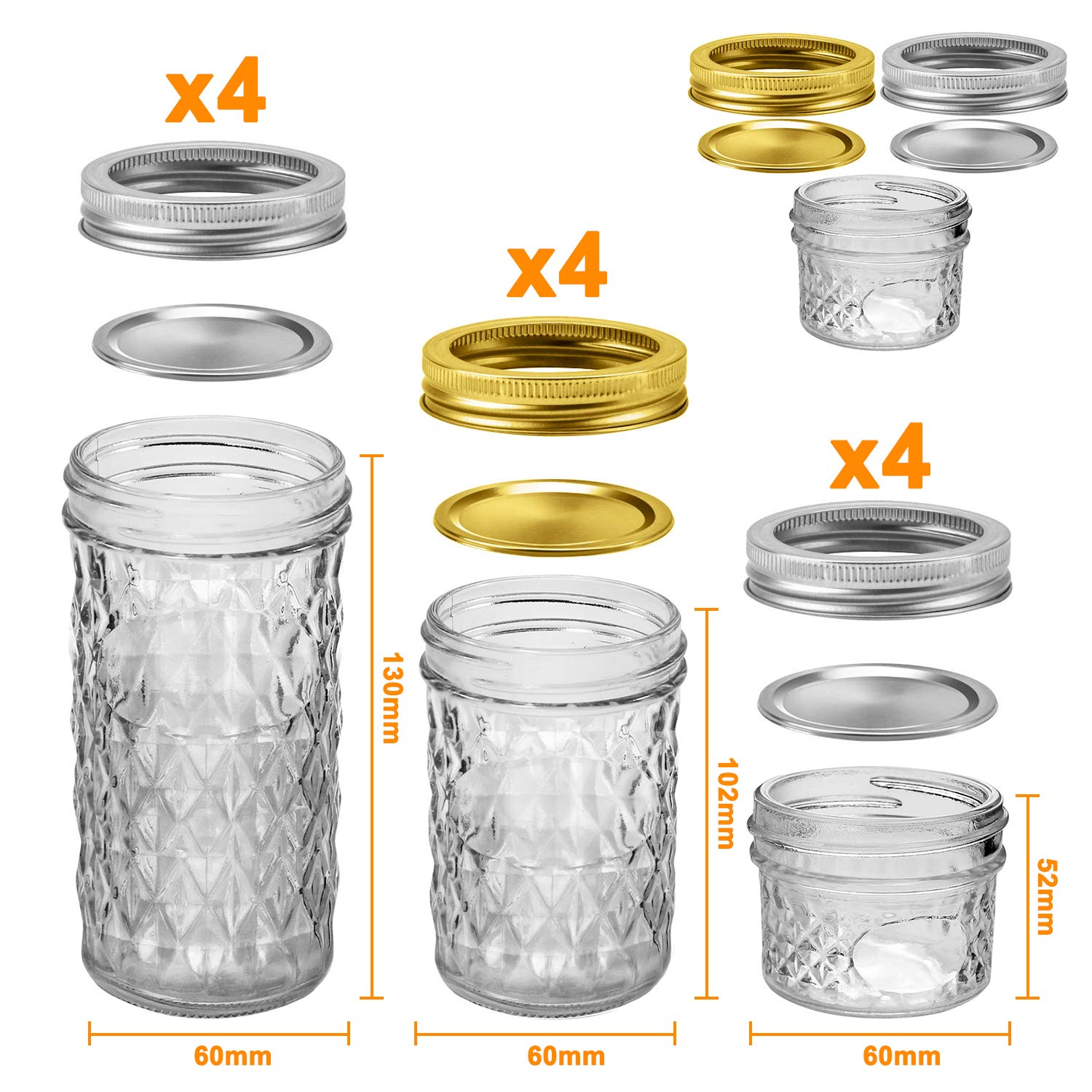 Mason Jars Canning Jars, 12 Pack Glass Jars Jelly Jars With Regular Lids, Ideal For Jam, Honey, Wedding Favors, Shower Favors, B