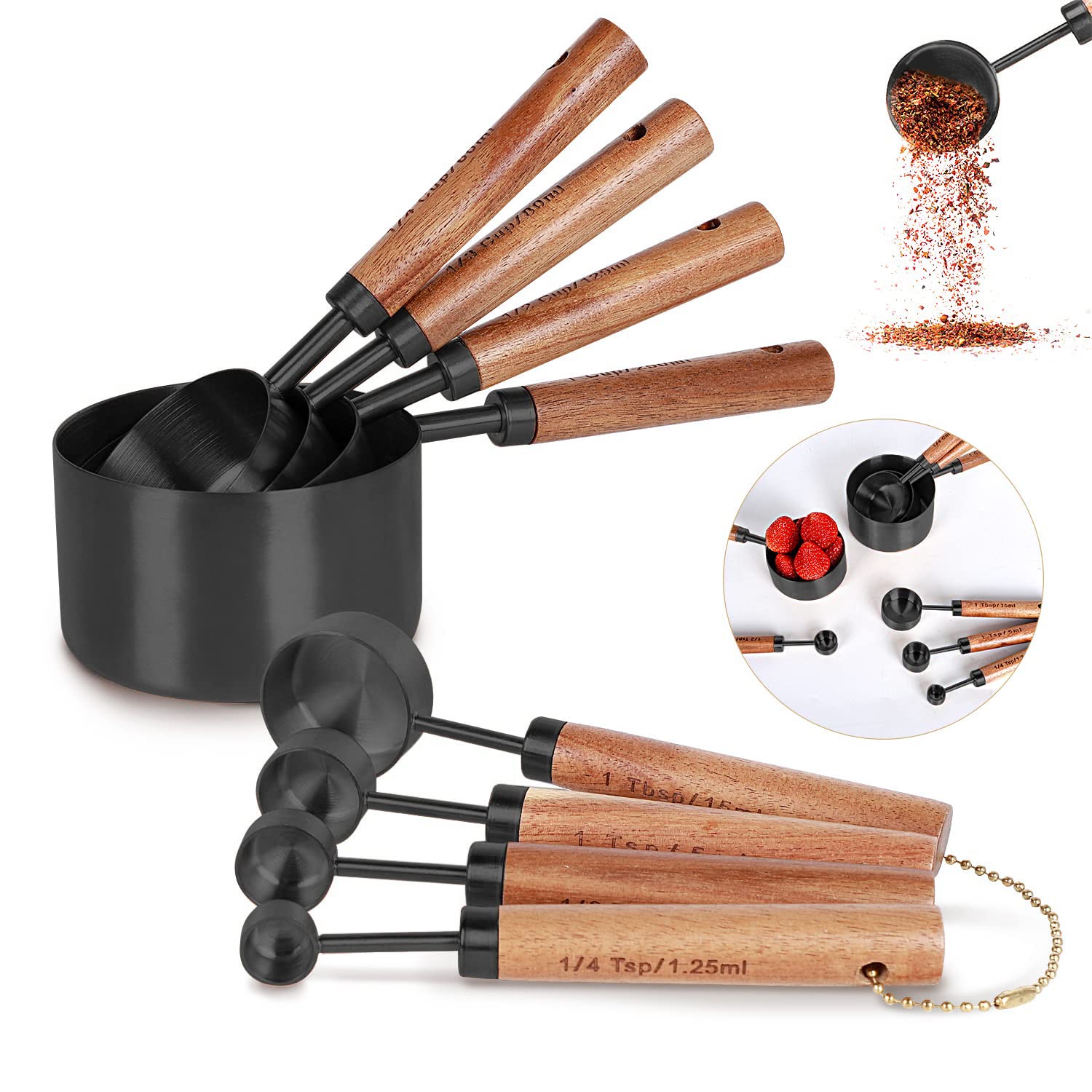 Prettyfine Collection 8 Piece Gold Measuring Cups Set And Measuring Spoons, Golden With Fragrant Wood Handles-Complete Set Of Me