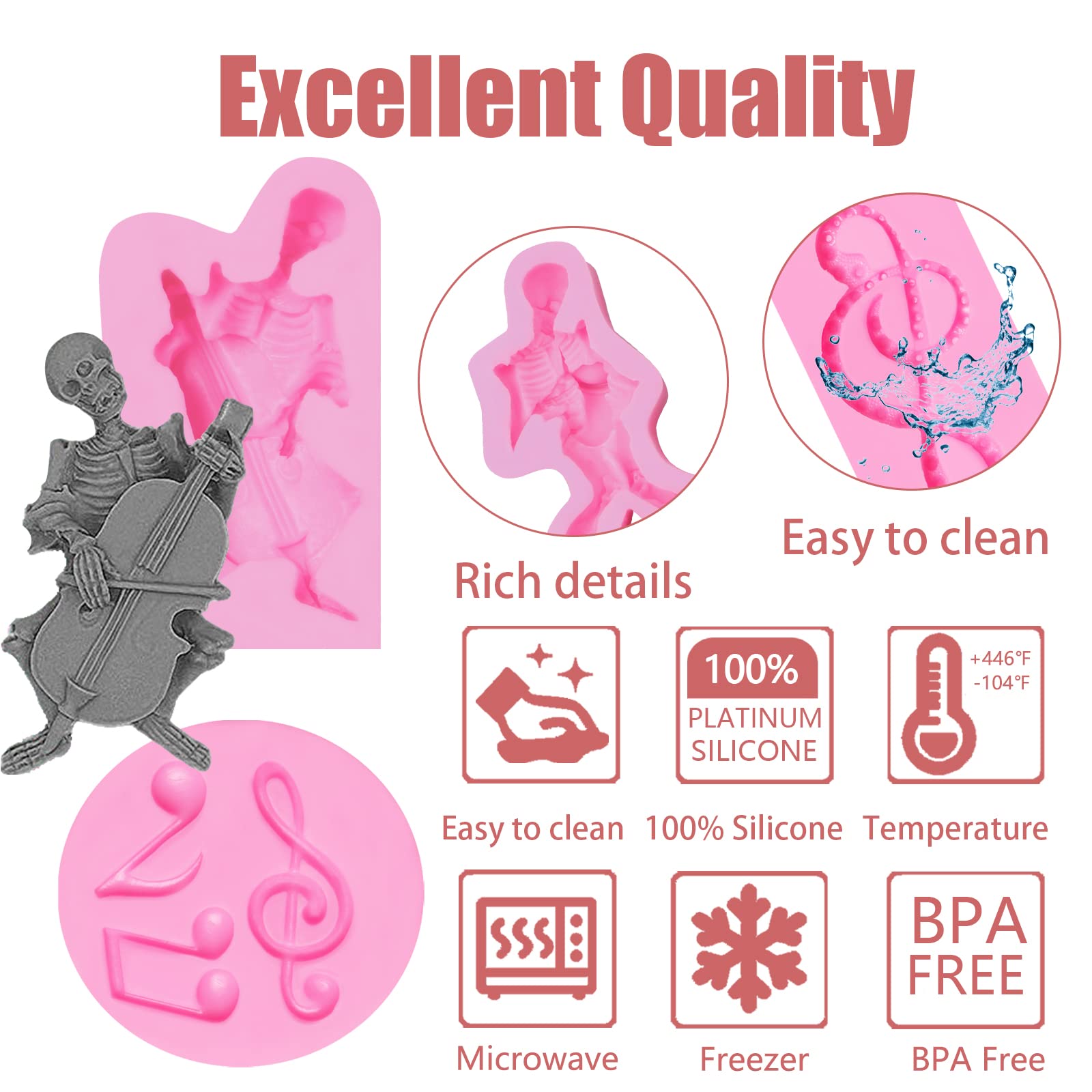 3D Skull Cake Silicone Fondant Mold 4 Pcs, Halloween Skull Skeleton Musical Instrument Molds For Cake Decoration, Candy, Cupcake