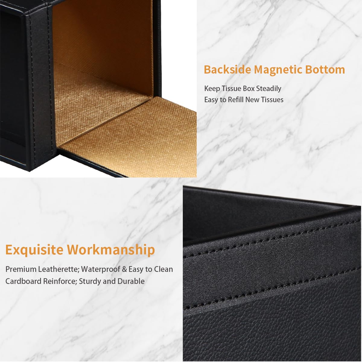 Yapishi Tissue Box Cover Square, Pu Leather Tissue Cube Box Holder With Storage Valet Tray, Decorative Tissue Holders, Modern Ti