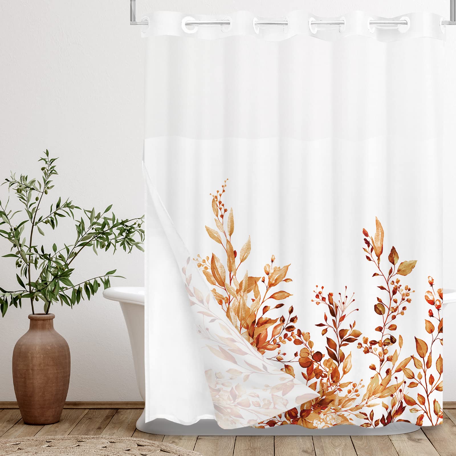 Tititex No Hooks Snap In Liner Orange Eucalyptus Leaves Shower Curtain Sets, Hotel Luxury Double Layers Waterproof Fabric & See-