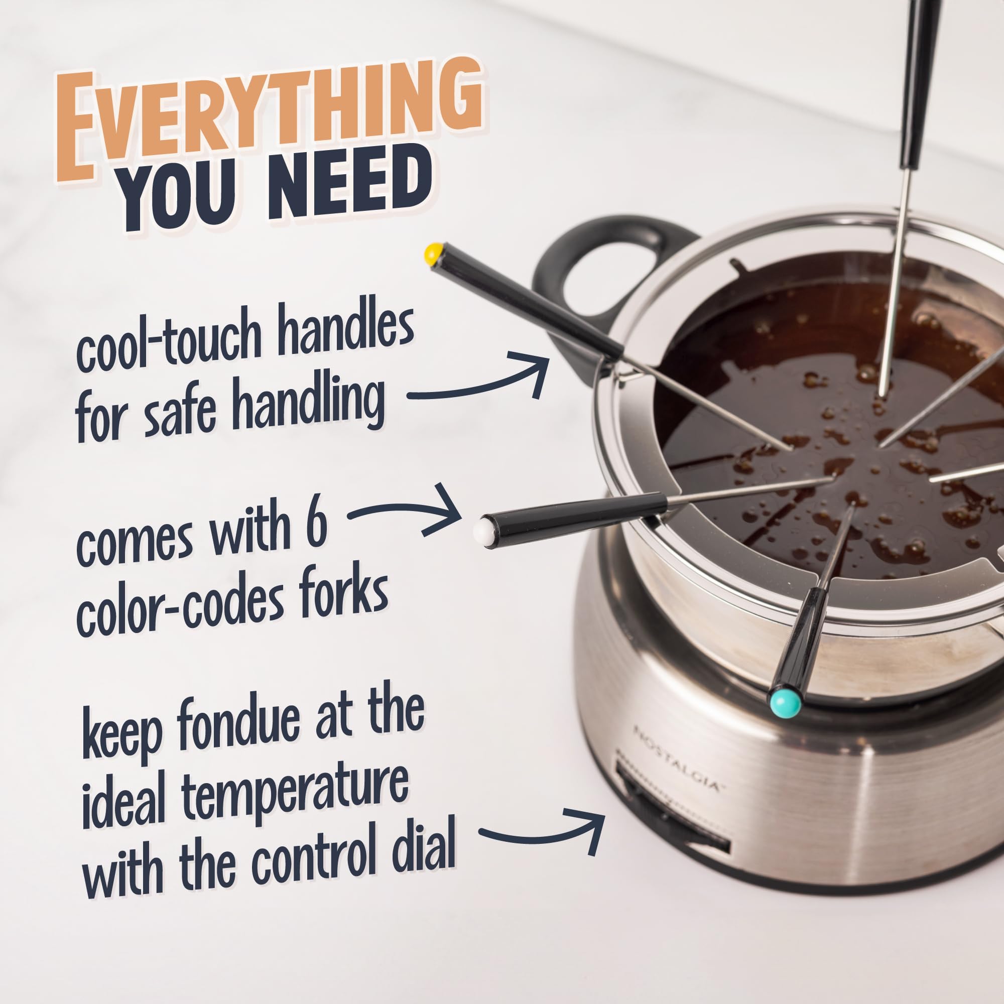 Nostalgia 6-Cup Electric Fondue Pot Set - Stainless Steel, Temperature Control, 6 Color-Coded Forks, Model FPS200