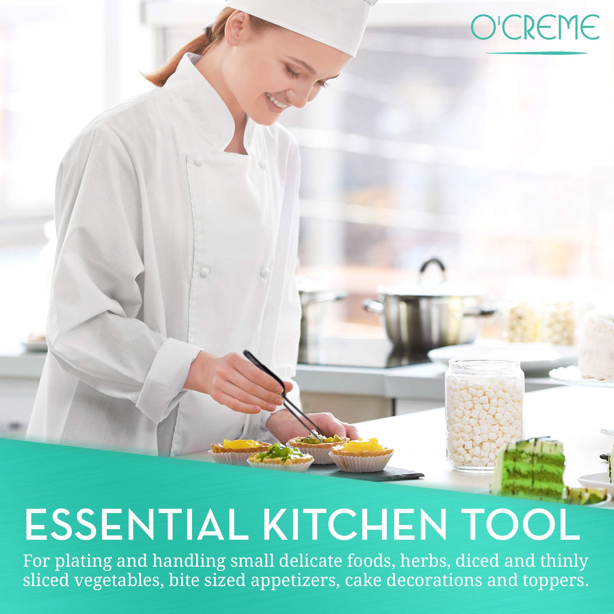 O'Creme Culinary Stainless Steel Tweezer Tongs Set of 2 - One 10 Inch Straight and One 8 Inch Offset (Silver)