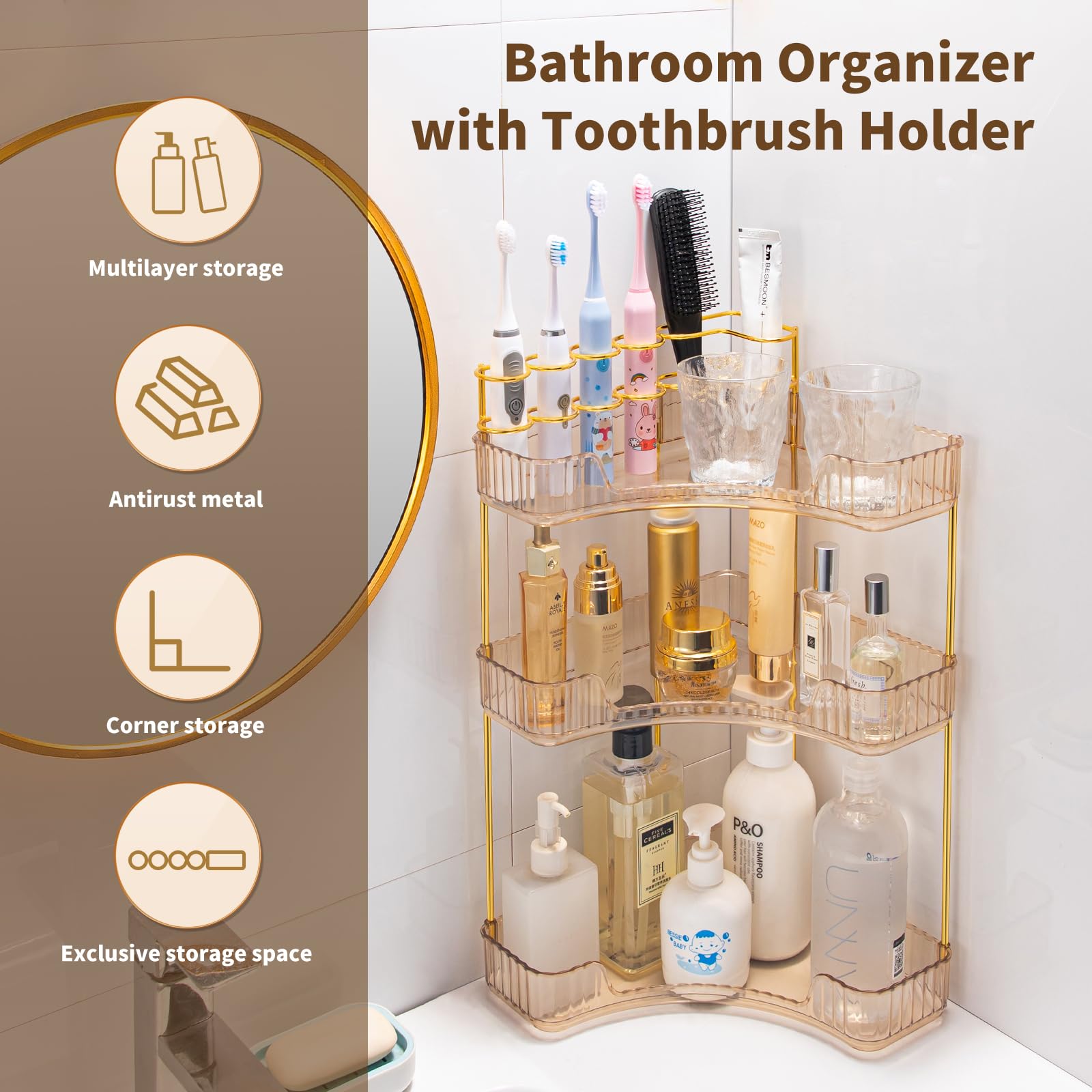 Nature'S Source Makeup Organizer For Vanity, 3-Tier Corner Bathroom Organizer Countertop With Makeup Brush Holder, Corner Counte