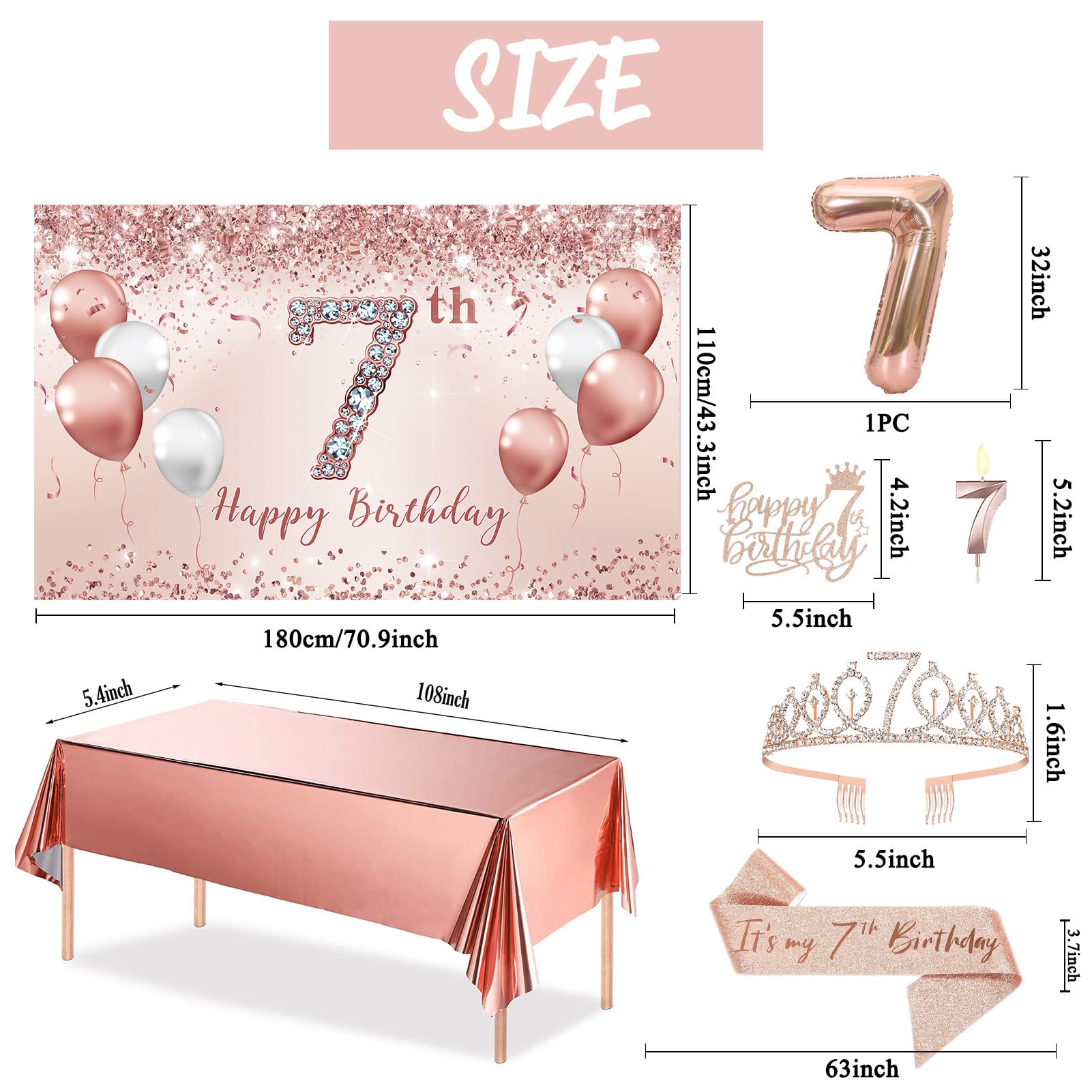 Trgowaul 7Th Birthday Decorations Party Set For Girls, Rose Gold 7 Birthday Banner And Tablecloth, 7 & Fabulous Sash And Tiara,