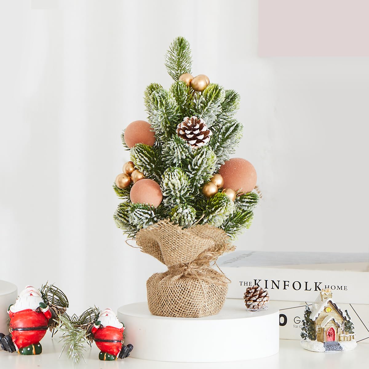 MYELLU Burlap Small Christmas Tree Decor with Lights - Mini Tabletop Artificial Tree Centerpiece for Indoor Home Office Desk Hol