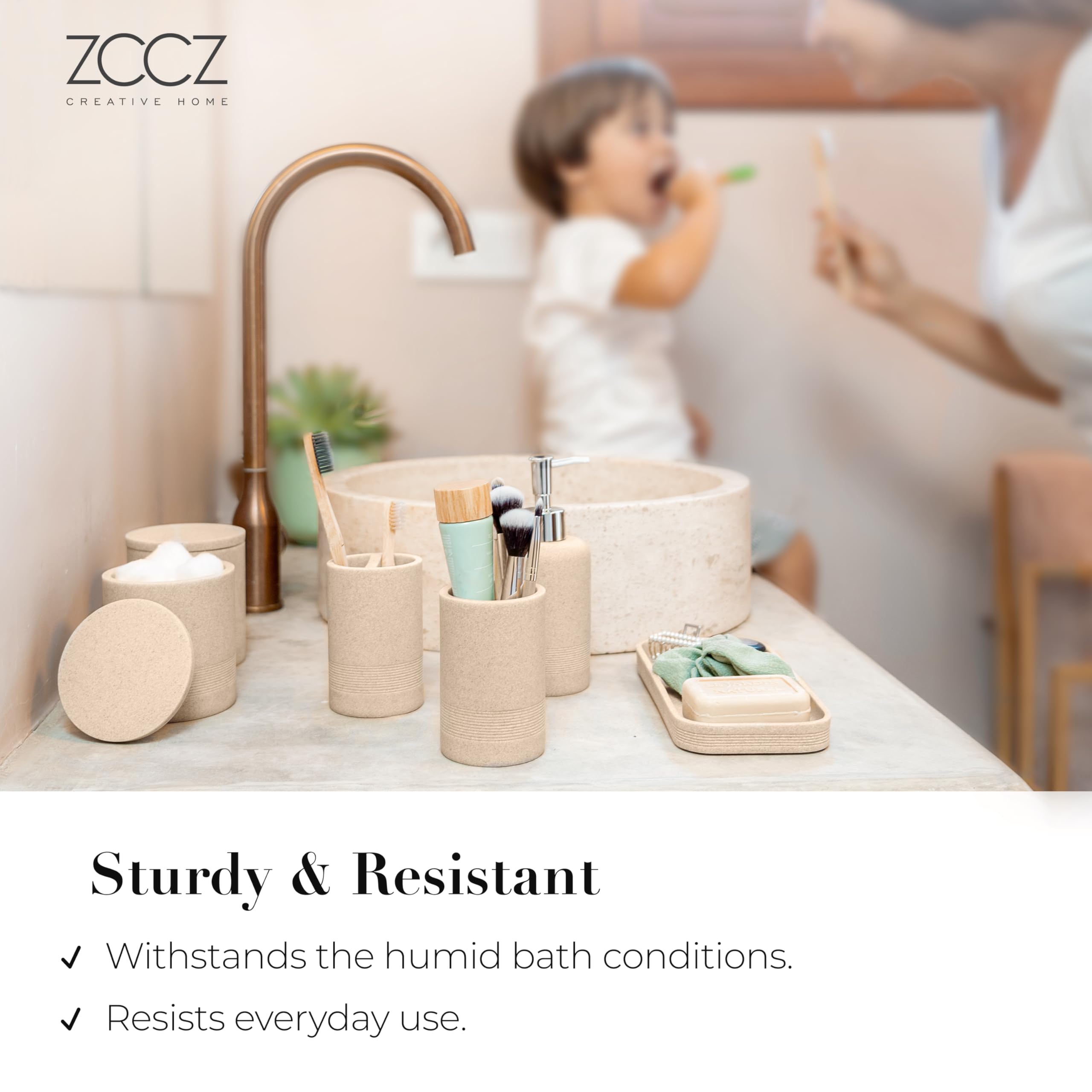 ZCCZ - Beige Bathroom Accessories Set 6 Pcs - Toothbrush Holder  Lotion Soap Dispenser  2 Qtip Holder Dispensers  Vanity Tray  Bathroom Tumbler - Countertop Vanity Organizer - Bathroom Accessory Set