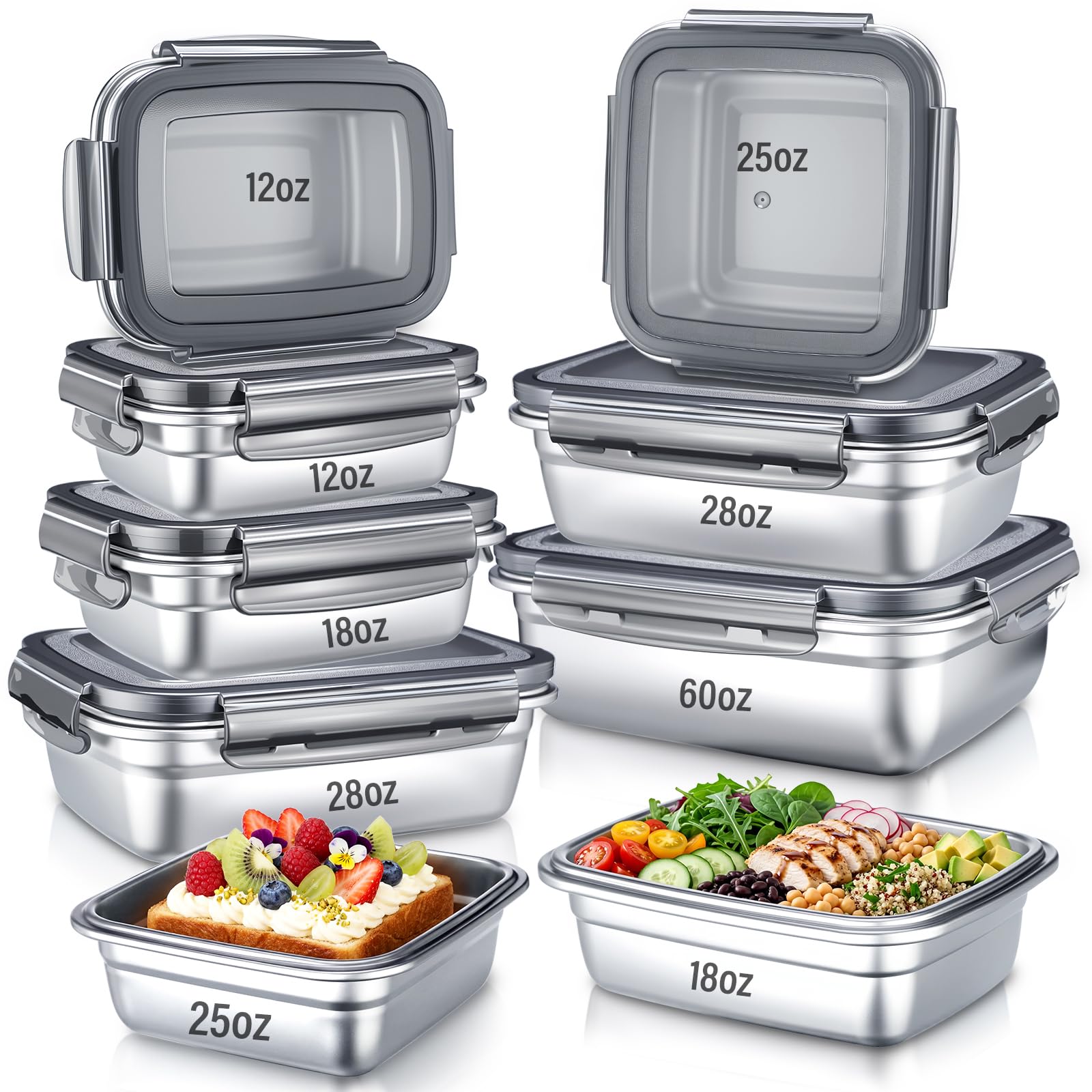 Acellegic 9 Pcs Stainless Steel Food Containers with Lids, 5 Size (12/18/25/28/60oz) square Airtight Bento Lunch Boxes Metal Sna