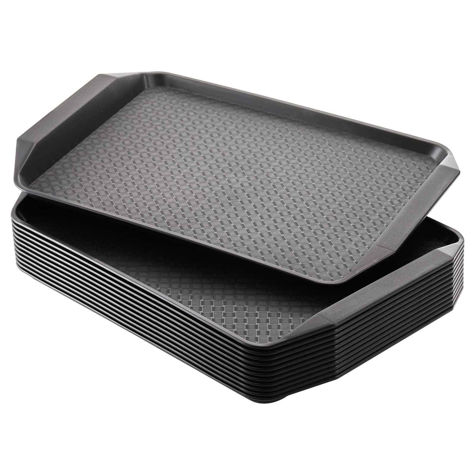 Cedilis 12 Pack Black Plastic Fast Food Trays for Eating, 17IN x 11.7IN Serving Trays with Handles, Rectangular Non Skid Multi-P