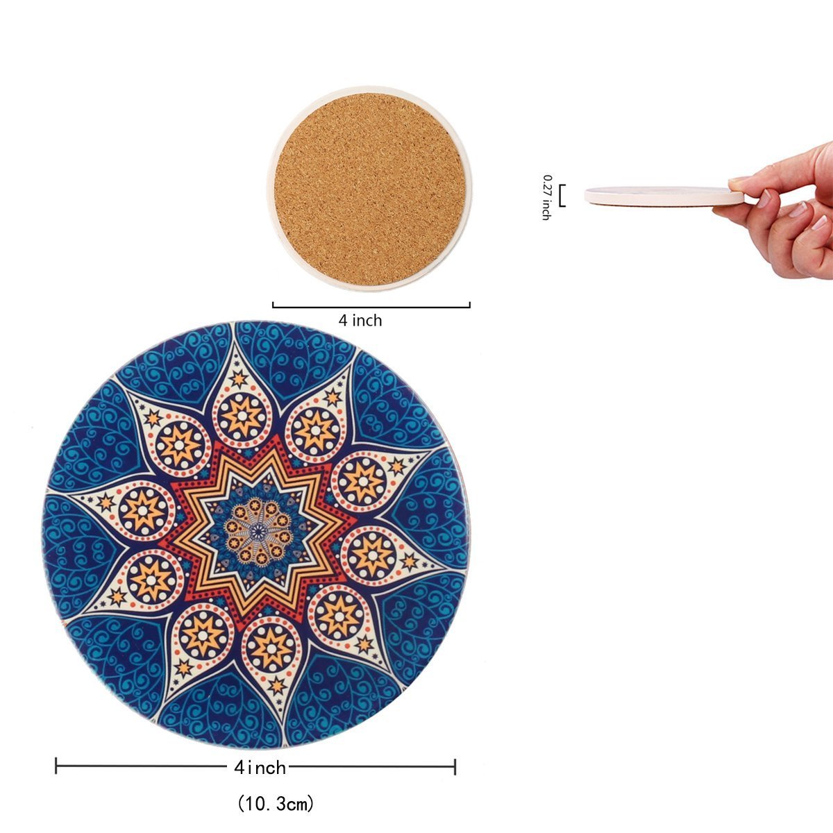 Coasters For Drinks Absorbent 4 Pack Ceramic Coasters Set,4'' Stoneware Cup Mats With Cork Base Protection,Suitable For Kinds Of