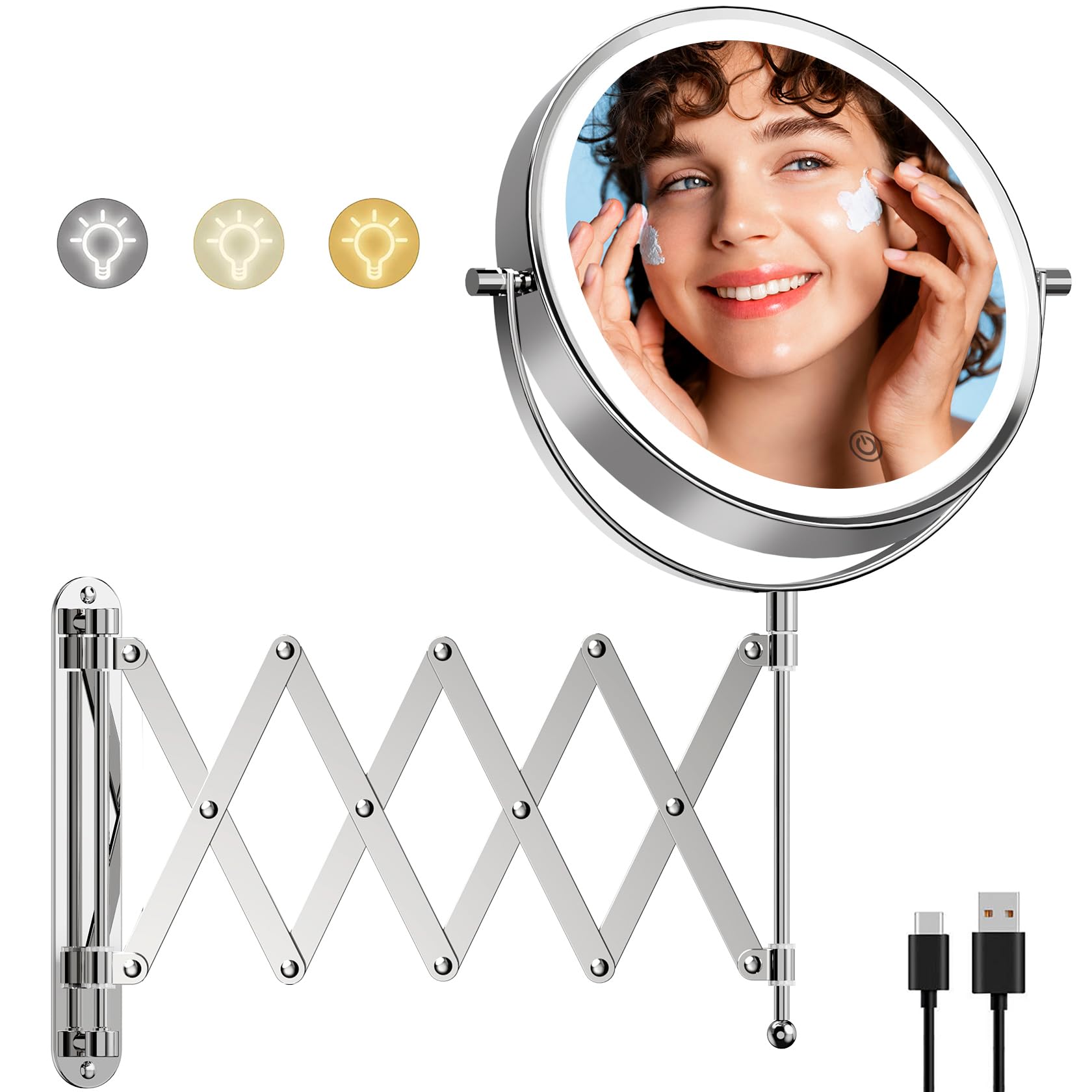 Rechargeable Wall Mounted Makeup Mirror With Lights, 1X/10X Magnifying Mirror With 3 Light Settings, 8 Inch 360 Swivel Bathroom