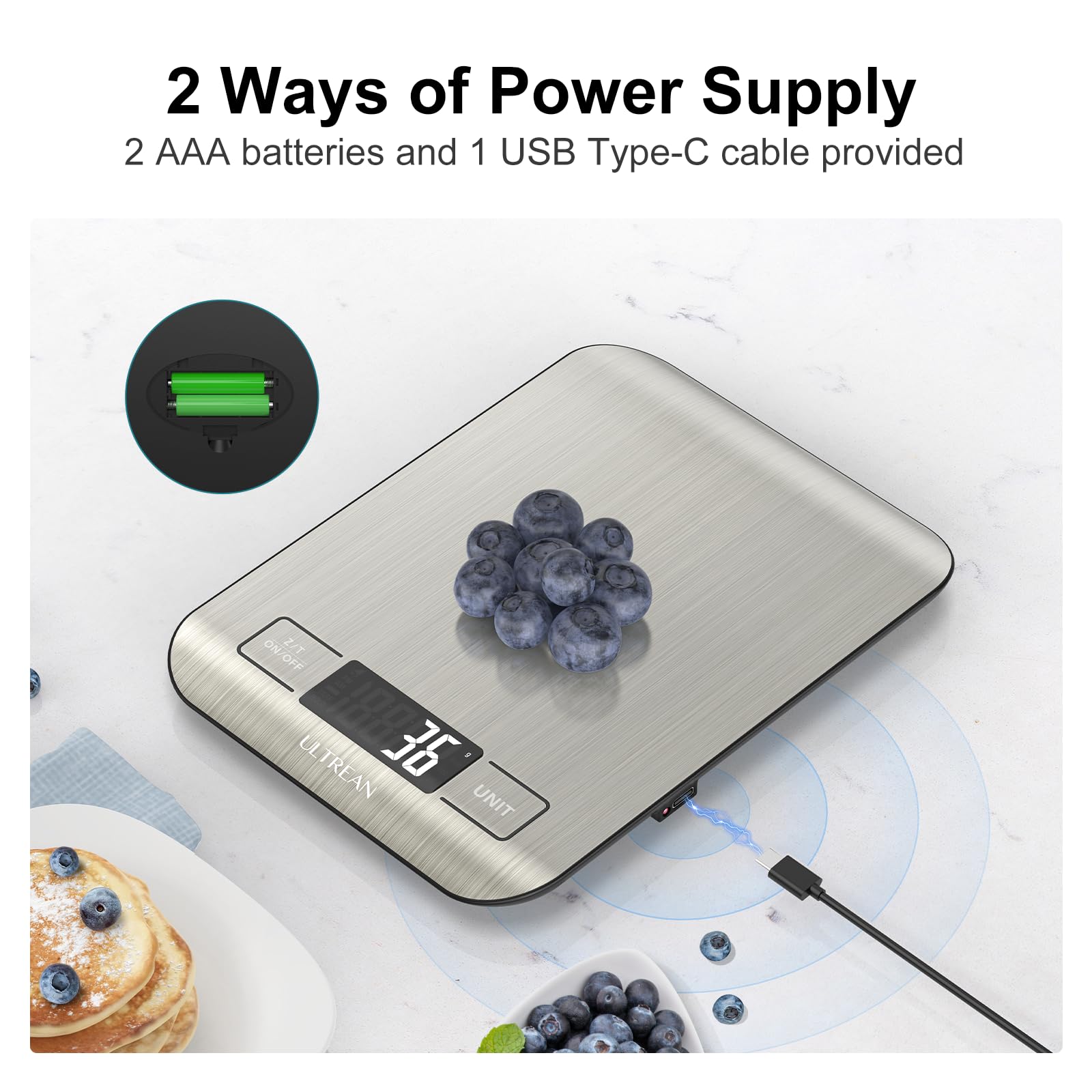 Ultrean Food Scale, 33lb Digital Kitchen Scale for Food Ounces Grams, 304 Stainless Steel, Type-C Charging and Batteries, Perfec