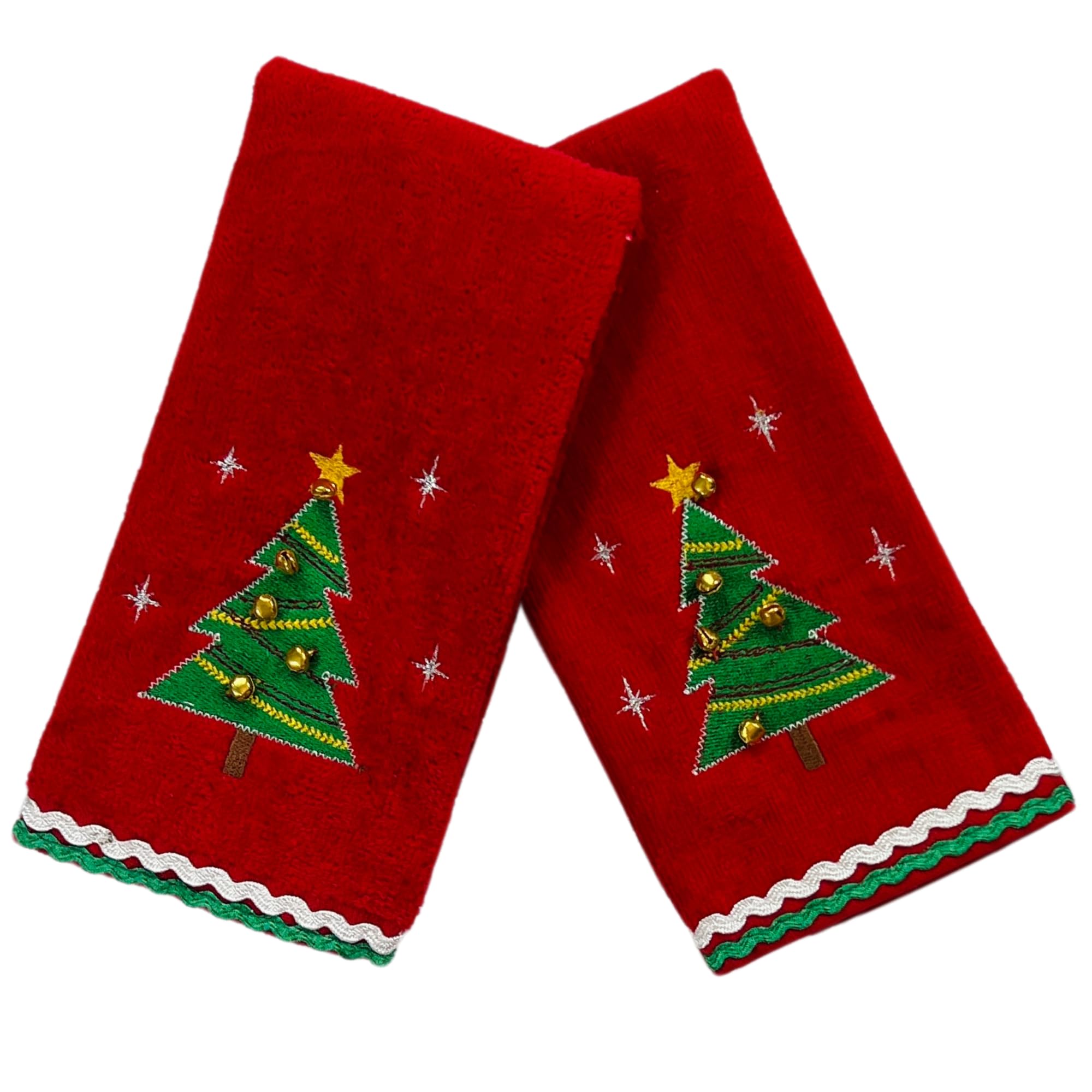 Serafina Home Holiday Christmas Bath Fingertip Towels, Embroidered Christmas Tree With Jingle Bells And Double Stitched Hem On R