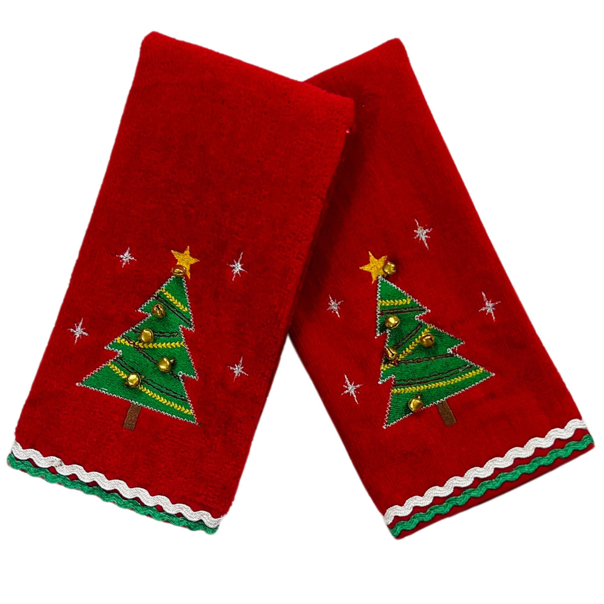 Serafina Home Holiday Christmas Bath Fingertip Towels, Embroidered Christmas Tree With Jingle Bells And Double Stitched Hem On R