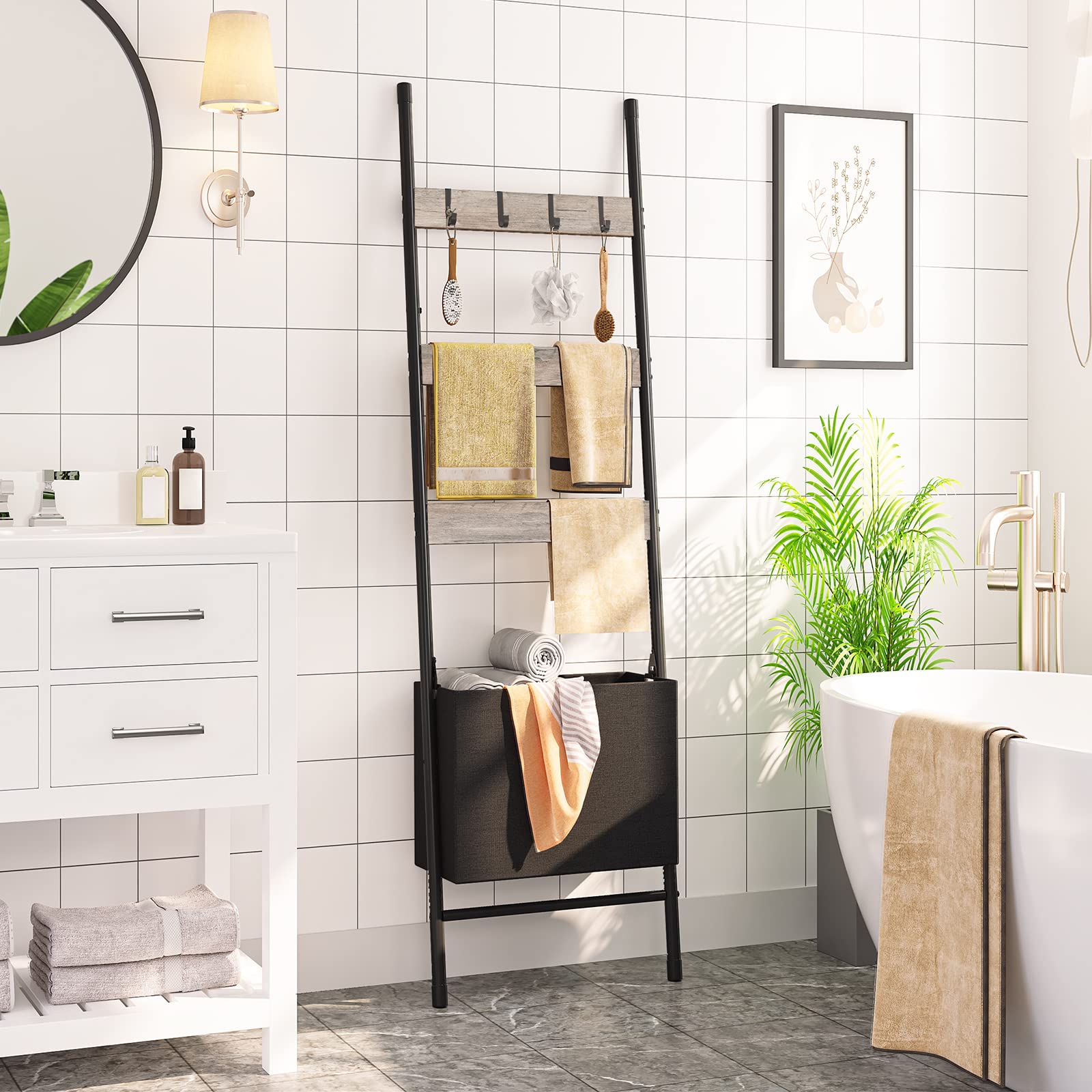 HOOBRO Blanket Ladder with Basket  17.3 L x 63.4 H  Towel Rack with Hooks  Blanket Holder Rack  Decorative Ladder Shelf  Drying and Display Rack for Bathroom  Living Room  Greige BG31CJ01