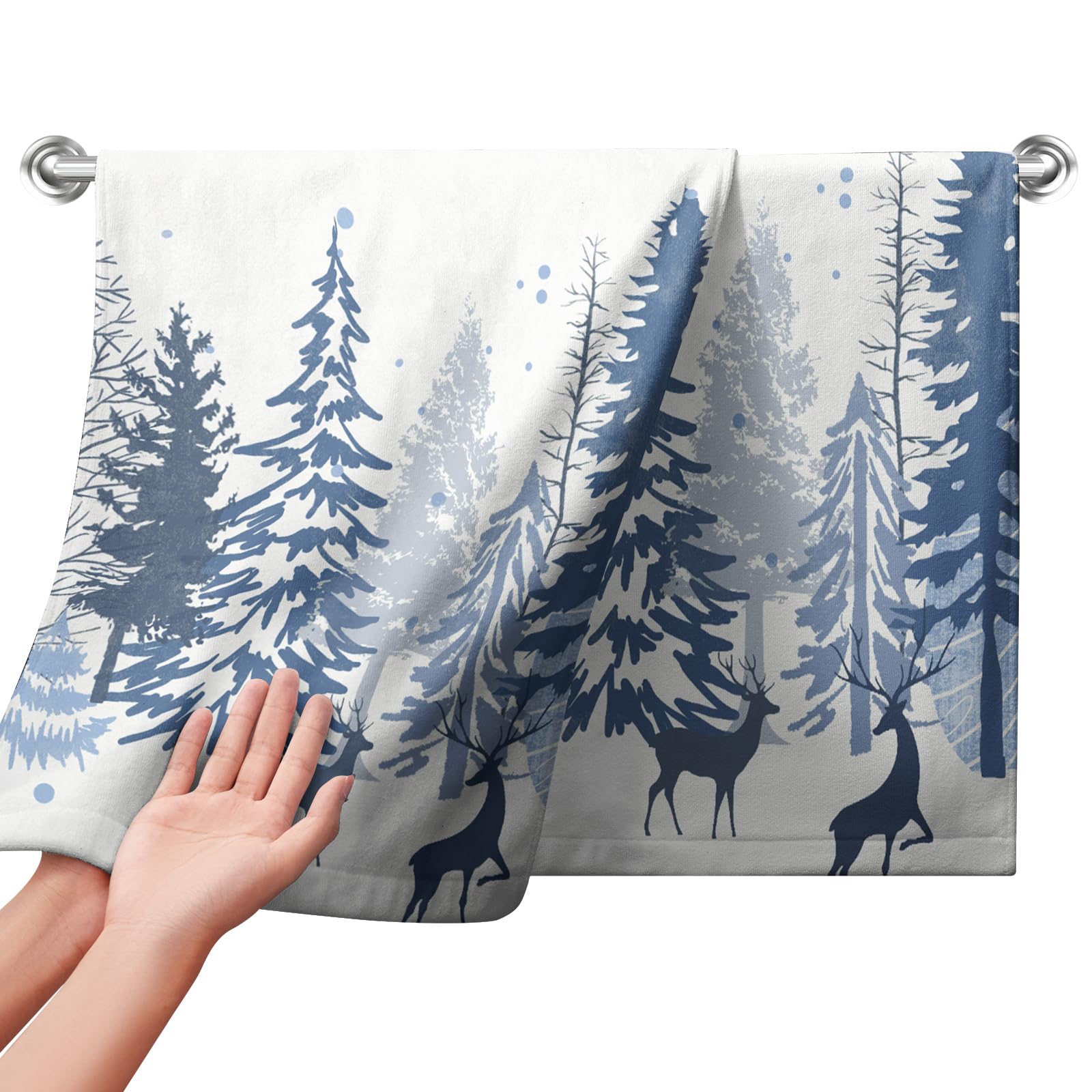 Kwlegh Winter Snowflake Christmas Tree Hand Bath Towels Deer Forest Xmas Deer Soft Washcloth Farmhouse Rustic Kitchen Guest Blue