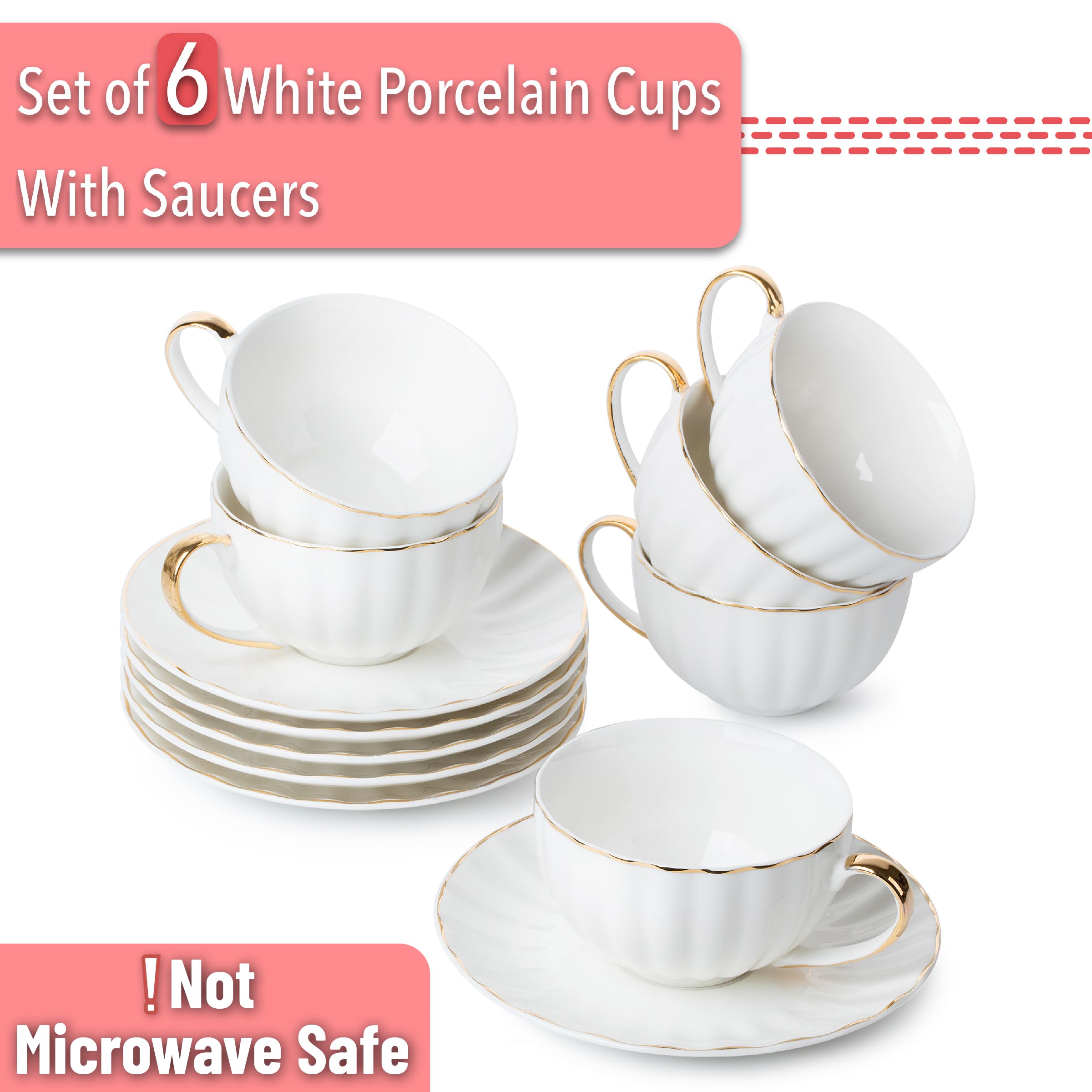 BTaT- White Tea Cups and Saucers Set of 6 (7 oz), Porcelain White Tea Cup Set with Golden Trim Design, Dishwasher Safe, Christma
