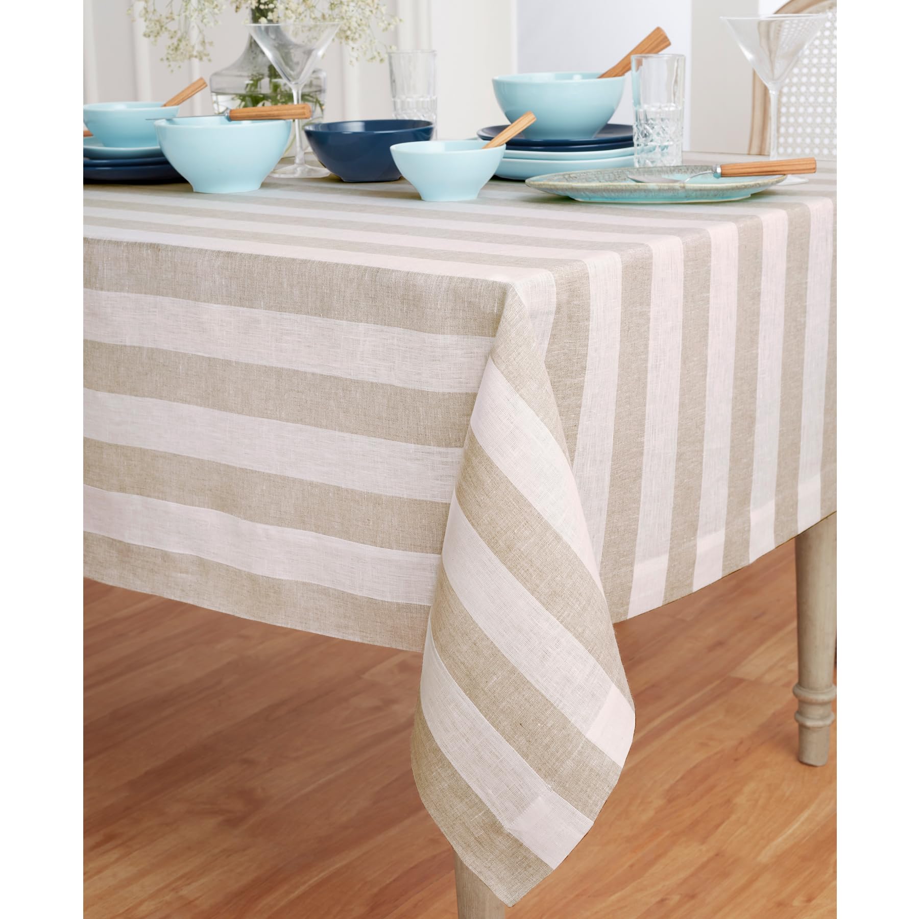 Solino Home Cabana Stripe Linen Tablecloth 120 '' L X 60 '' W Inch - 100% Pure Linen Natural And White Tablecloth - Machine Wash