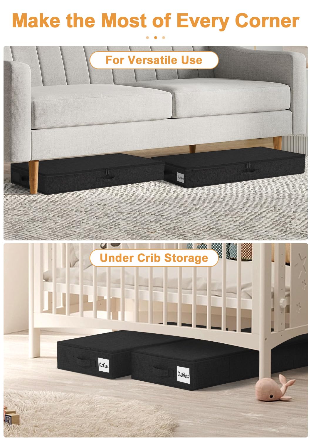 punemi Under Bed Storage Containers, 4.5 Inches Tall Low Profile Underbed Clothes Storage Organizer Bin with Sturdy Side & Botto