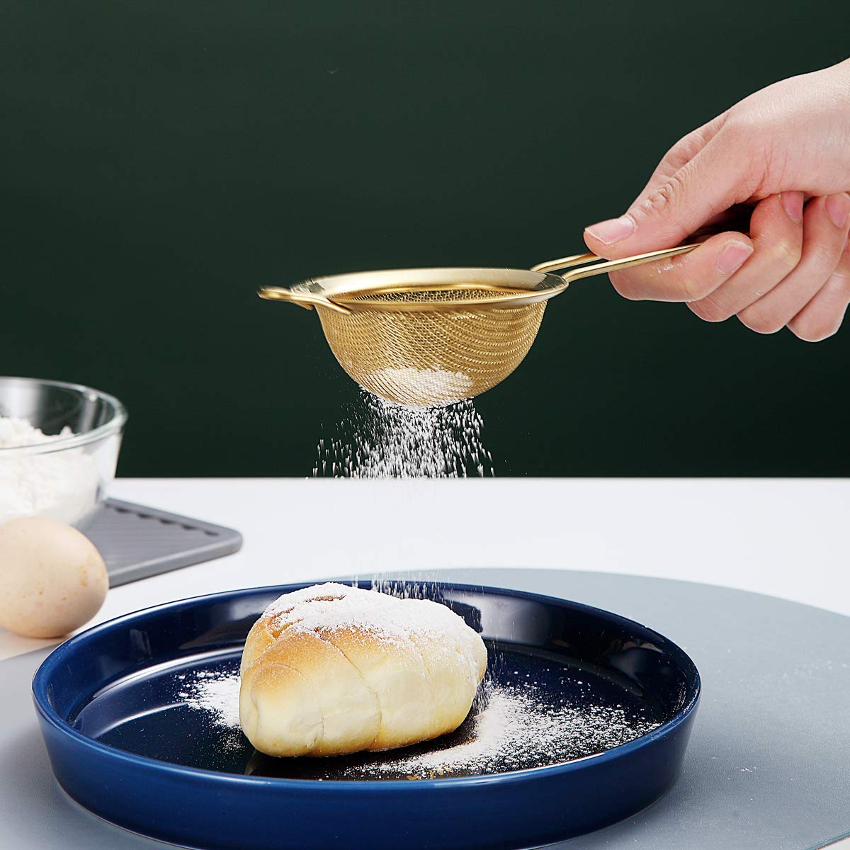 Kyraton Gold Fine Mesh Strainer 3 Pieces Set, Golden Flour Sifter For Baking, Stainless Steel Clander, Matcha Tea Strainer, Grav