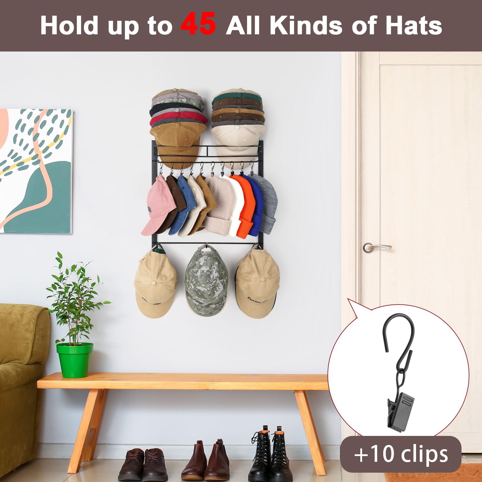 Hydermus Hat Rack For 45 Baseball Caps With 10 Clips 3 Tier Hat Organizer For Wall Multi-Functional Hat Hanger Metal Hat Holder