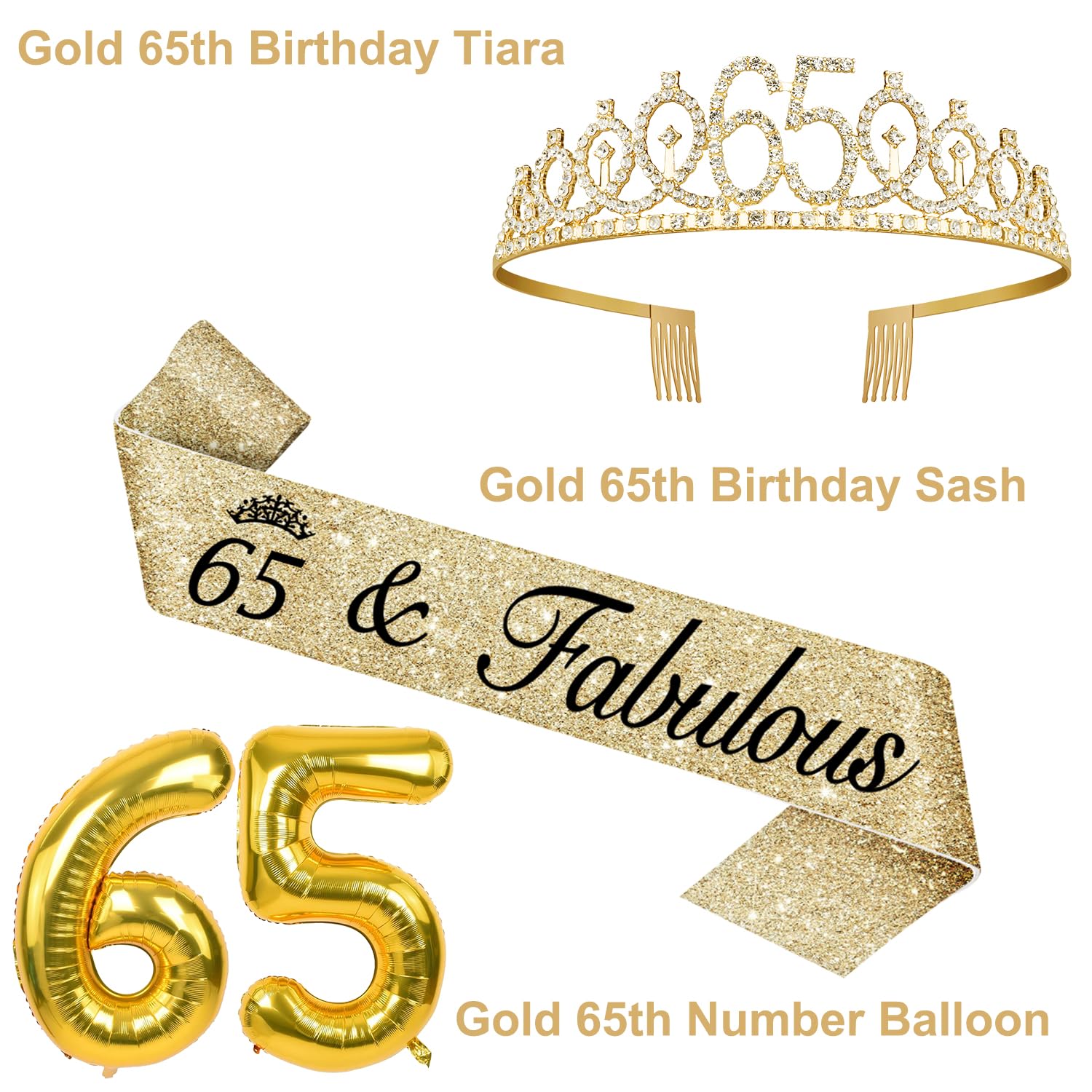 65Th Birthday Decorations For Women Including Gold 65Th Birthday Tiara And Sash, Gold 65Th Birthday Candles And Cake Topper, Gol