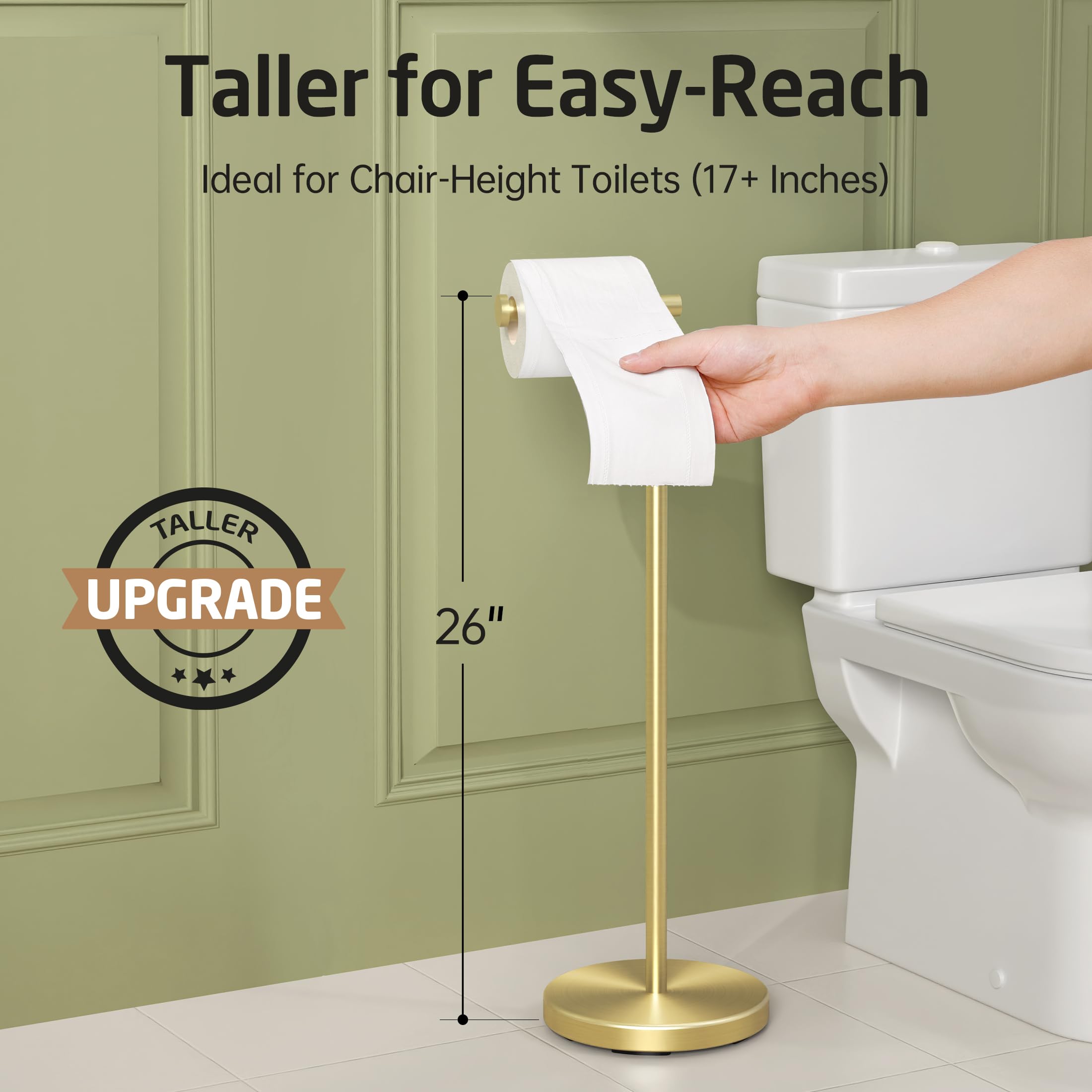 KES Gold Toilet Paper Holder Stand 26'' H (Taller Version)  Free Standing Toilet Paper Roll Holder with Weighted Base for Bathroom  Rustproof SUS304 Stainless Steel Brushed Gold  BPH283S66-BZ