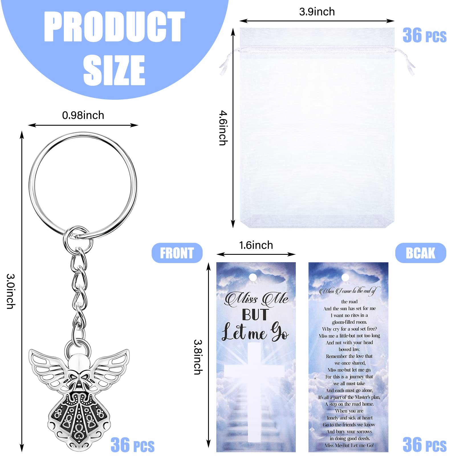 Nosiny 108 Pieces Funeral Favors Thank You Set Includes 36 Angel Keychains 36 Organza Bags 36 Miss Me But Let Me Go Prayer Cards