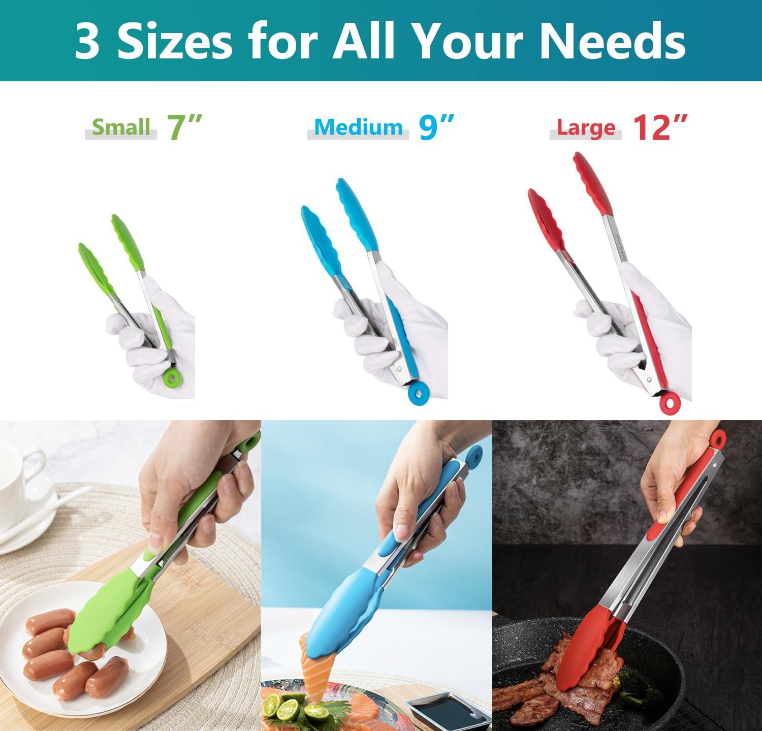 Kitchen Tongs Set Of 3, Cooking Tongs With Silicone Tips, Stainless Steel Buffet Tongs, Non-Stick Non-Scratch Heat Resistant Ton