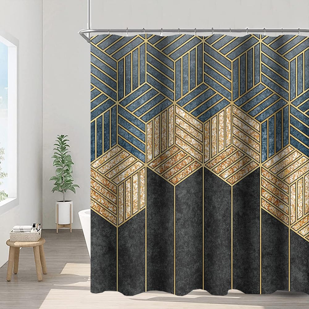Umpoo Modern Abstract Geometric Shower Curtains 72X72 Inch Gold Lines Hexagon Black Grey Wall Luxury Art Shower Curtain Set With