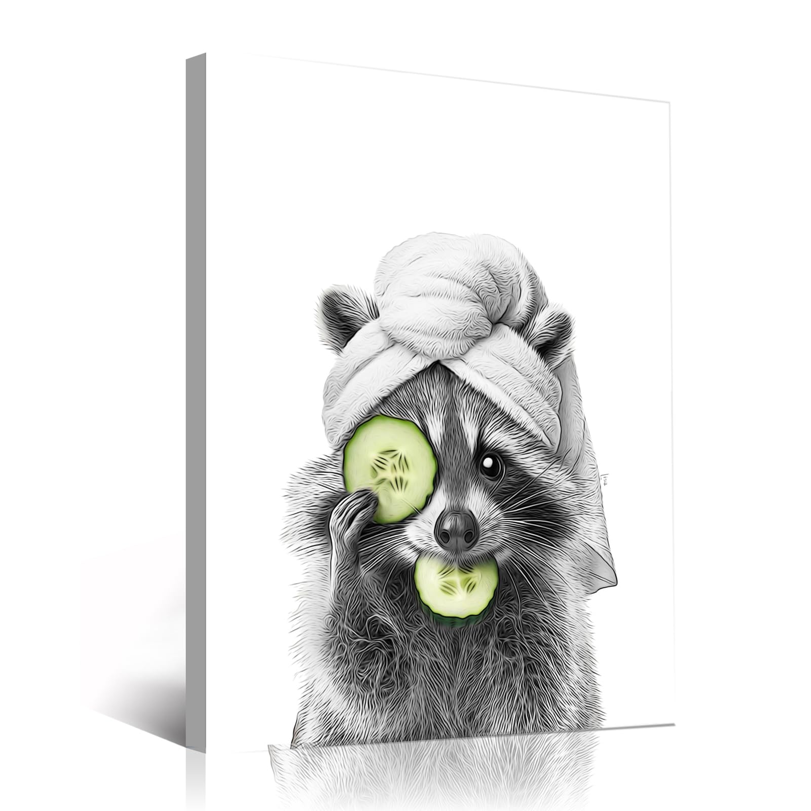 Raccoon Bathroom Decor Wall Art,Raccoon Biting Into Cucumber Slice Art Prints,Raccoon Funny Bathroom Pictures Wall Decor,Rustic