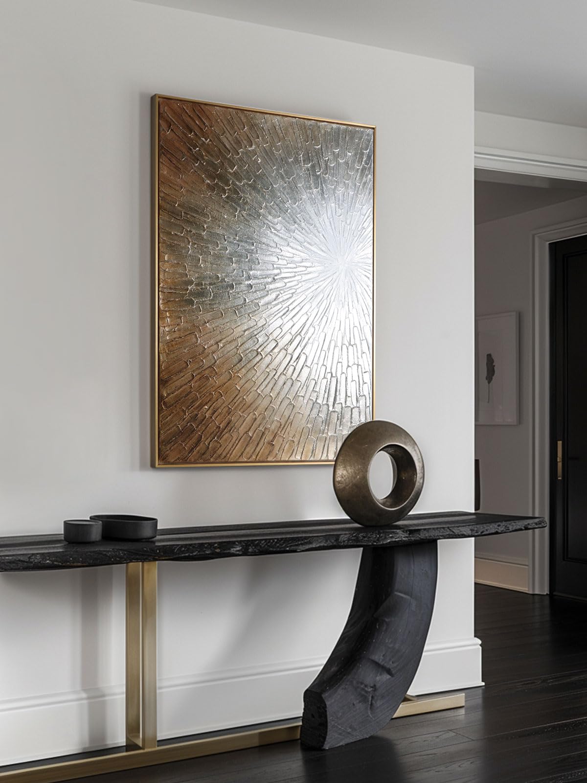 Framed Gold Abstact Wall Art- Large Hand-Painted Halo Gradient Canvas Wall Art For Home Or Office Decor, 28 X 40 Inches