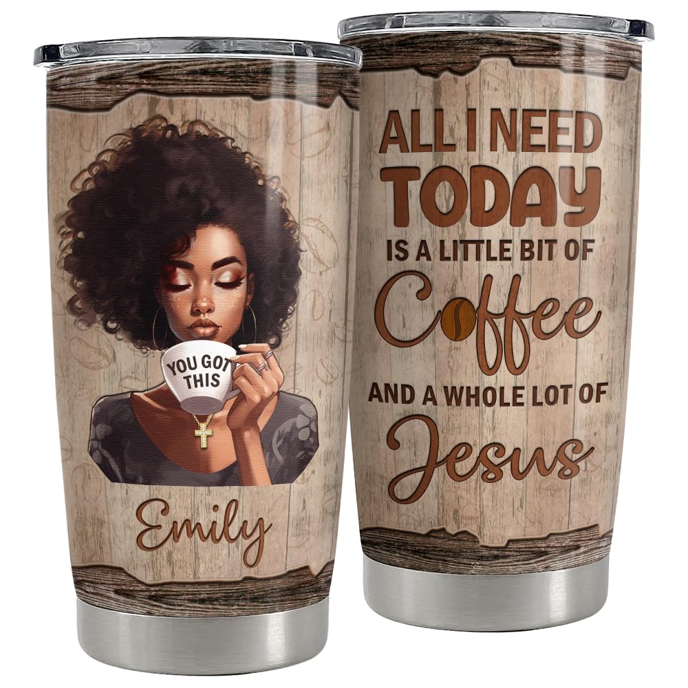 SANDJEST Personalized Queen Tumbler - Black Women Jesus And Coffee 20oz & 30oz Tumblers with Lid - Gift for African American Afr