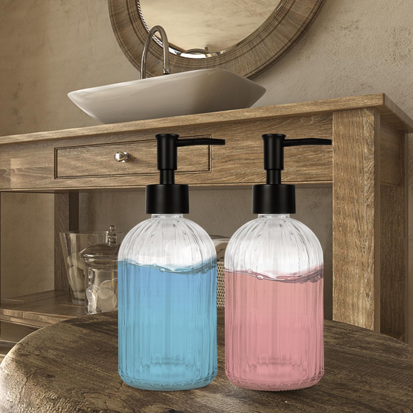 Ulable 2 Pack Glass Soap Dispenser With Pump, 13.5Oz Refillable Soap Dispensers With Vertical Stripe For Hand Wash & Dish Wash,
