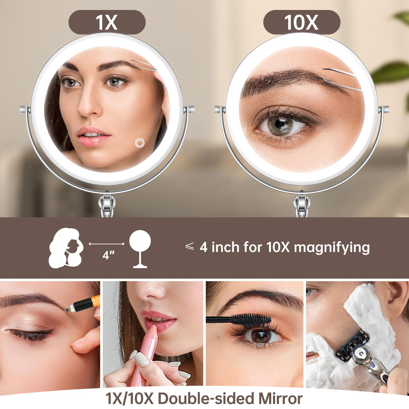 Driveslim 9'' Makeup Mirror With Lights And Magnification 10X/1X,4000Mah Rechargeable Magnifying Vanity Mirror With Lights,Heigh